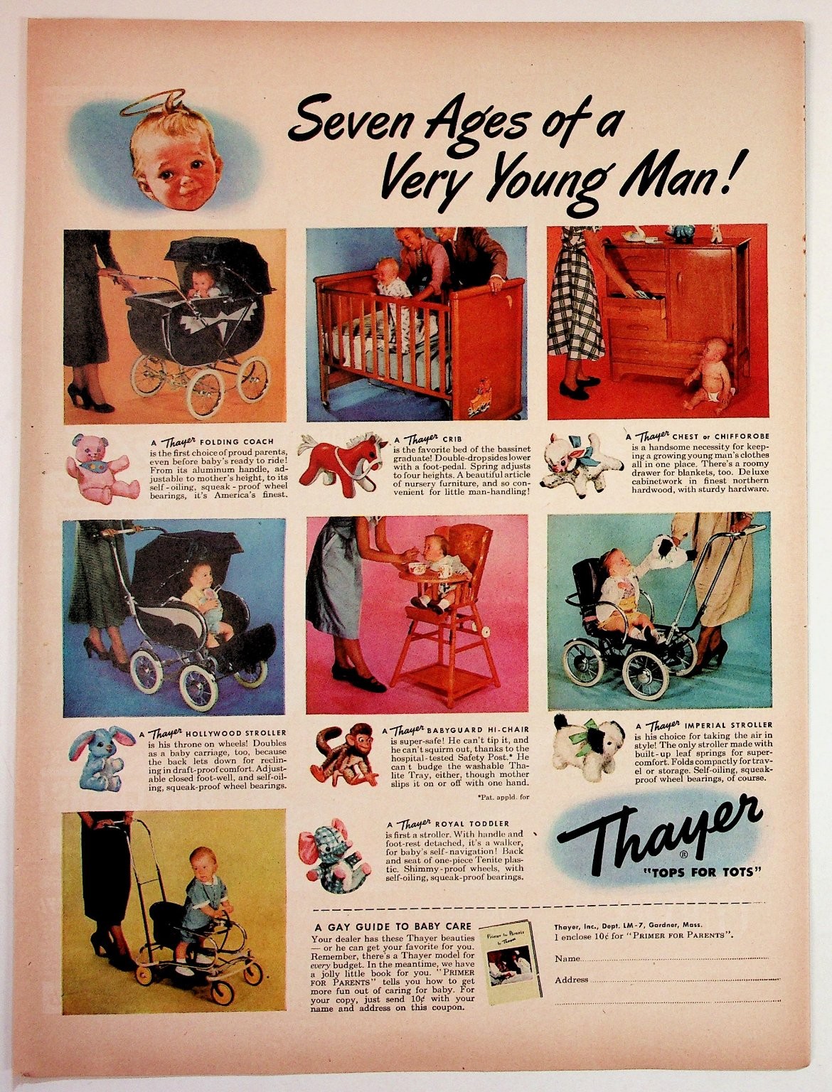 Vintage Thayer Baby Furniture Stroller Crib Hi-Chair Magazine Ad Gardner MA