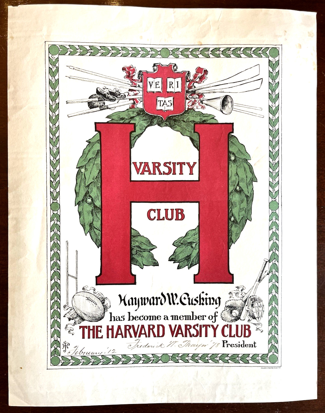 1912 Fred W Thayer Signed Harvard Varsity Certificate PSA Inventor Catchers Mask
