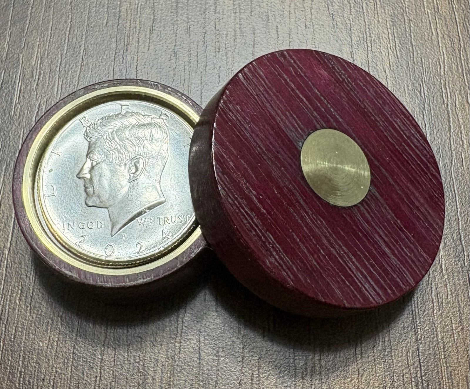 1/2 DOLLAR OKITO STYLE COIN BOX FIGURED PURPLEHEART AND BRASS 1/2 DOLLAR OKITO STYLE COIN BOX FIGURED PURPLEHEART AND BRASS