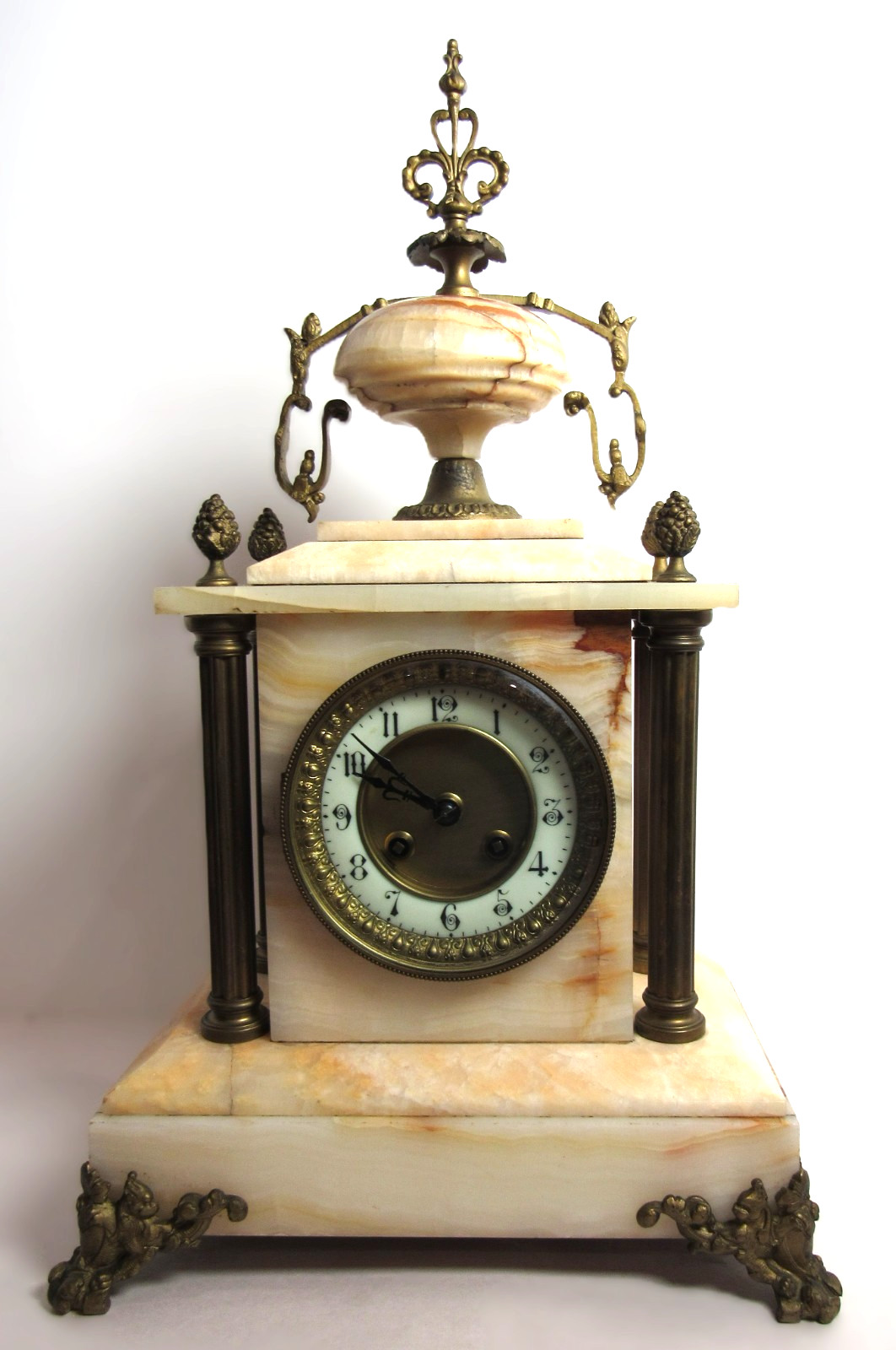 Antique French White Onyx/Marble Column Ornate Mantel Clock 8-Day, Time/Strike Antique French White Onyx/Marble Column Ornate Mantel Clock 8-Day, Time/Strike