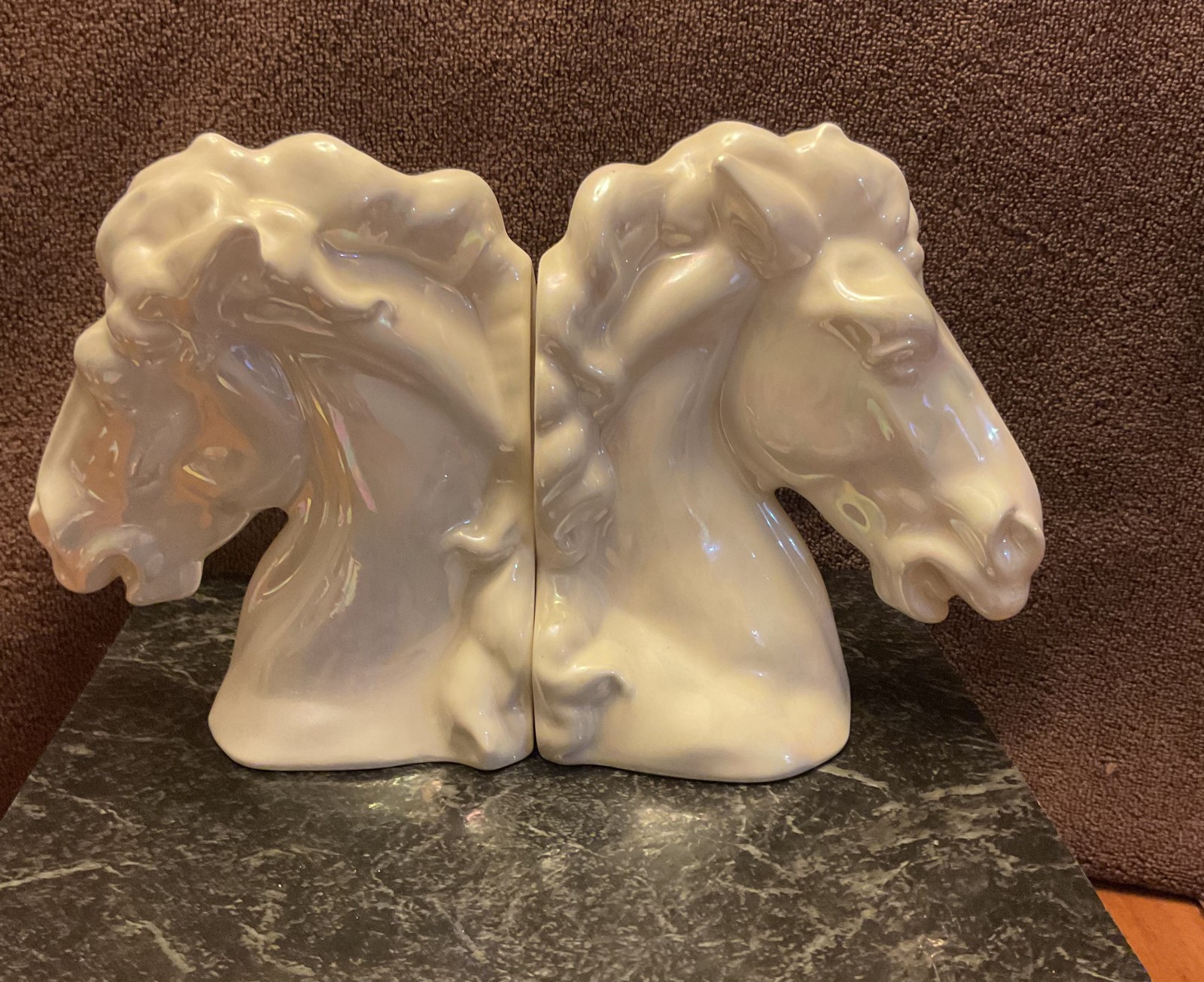 Vintage 1971 Iridescent White Horse Head Bookends Time Life Western Books Set Vintage 1971 Iridescent White Horse Head Bookends Time Life Western Books Set