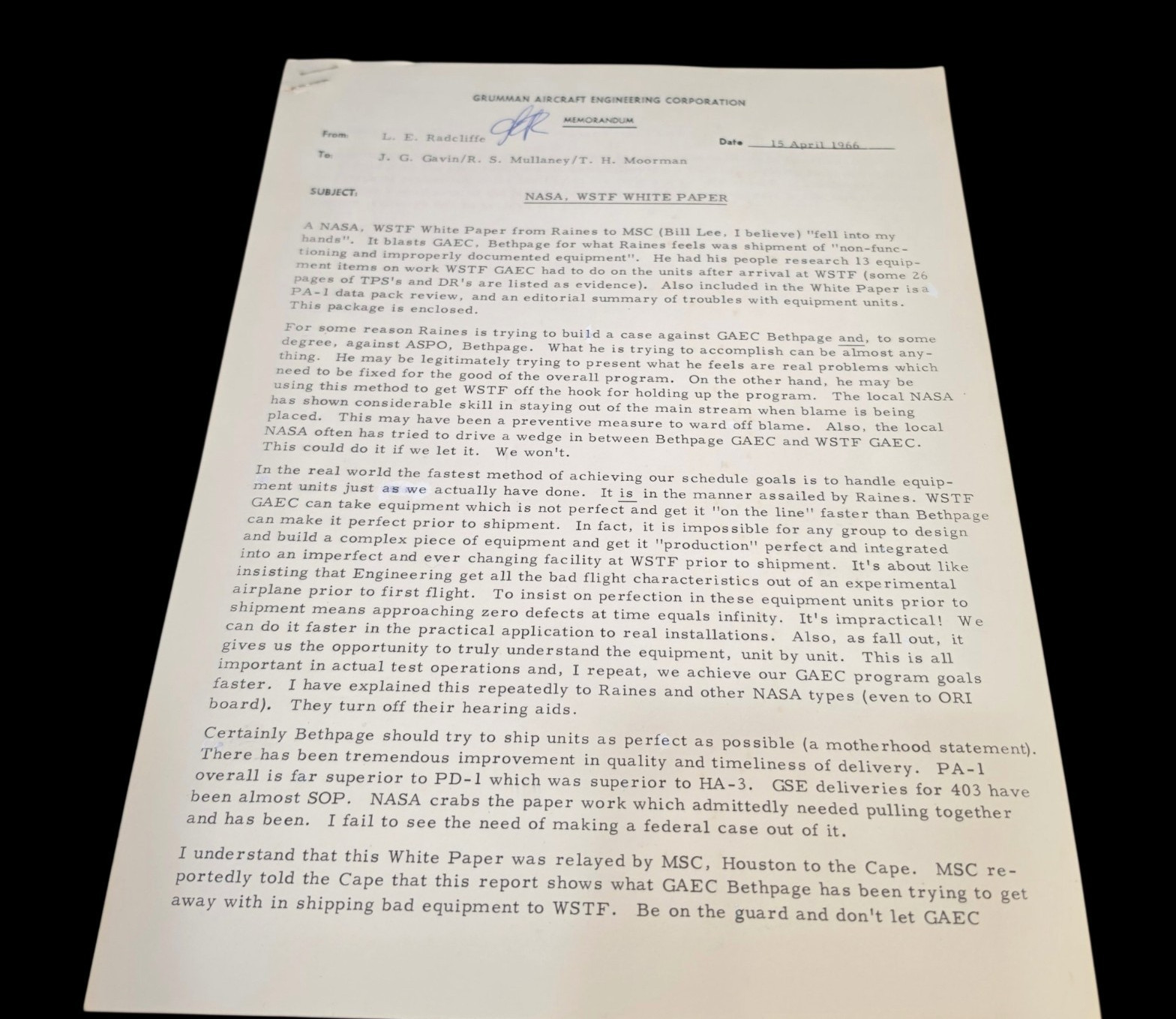 NASA Apollo Lunar Module Grumman Memo 1966 Troubles Lynn Radcliffe NASA Apollo Lunar Module Grumman Memo 1966 Troubles Lynn Radcliffe