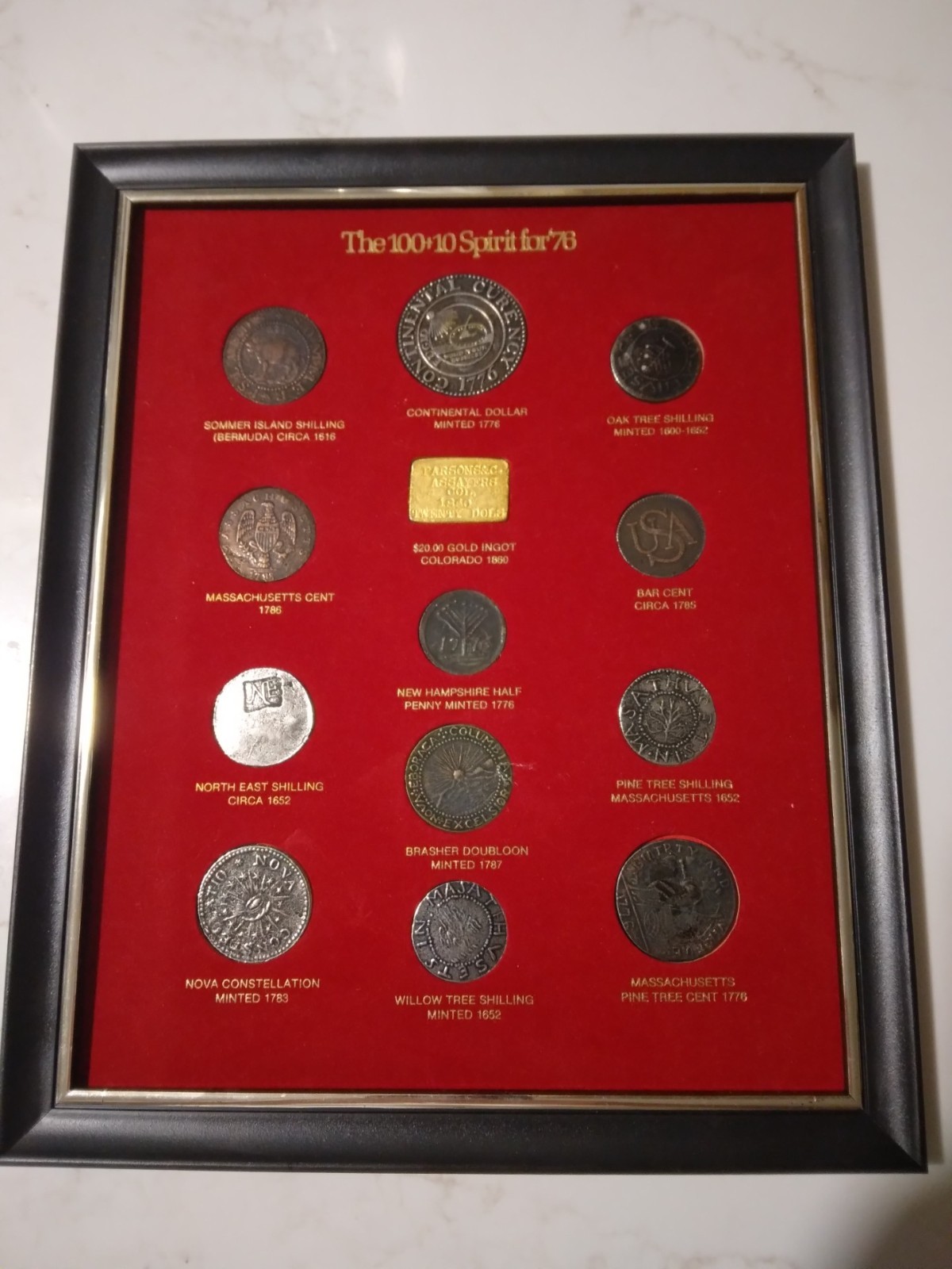 Americana Coins 1976 Bicentennial Coin Reproduction Set Framed Gold Shilling