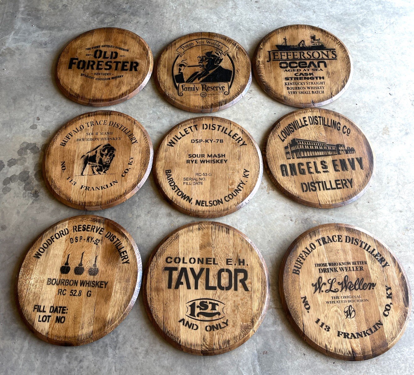 Authentic Buffalo Trace Bourbon Barrel Head/Lid Multiple Available. 21.5” Dia. Authentic Buffalo Trace Bourbon Barrel Head/Lid Multiple Available. 21.5” Dia.
