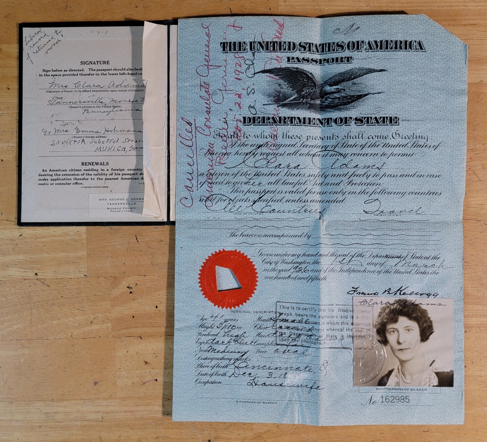 Aviation Pioneer Clara Adams 1926 United States Passport Aviation Pioneer Clara Adams 1926 United States Passport