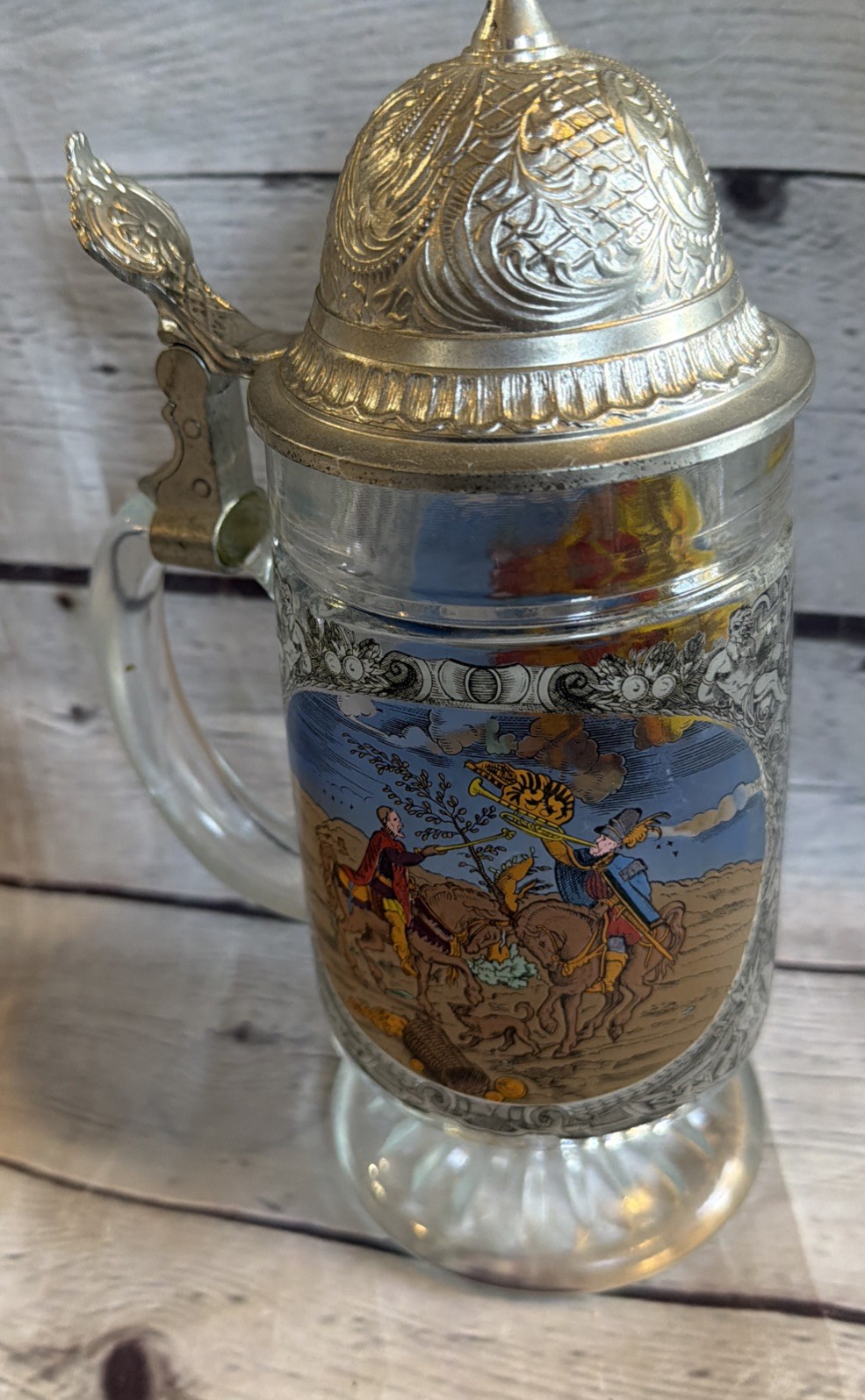 Vintage West Germany Glass Beer Stein Pewter Lid Hand Painted German Scenes 9” Vintage West Germany Glass Beer Stein Pewter Lid Hand Painted German Scenes 9”