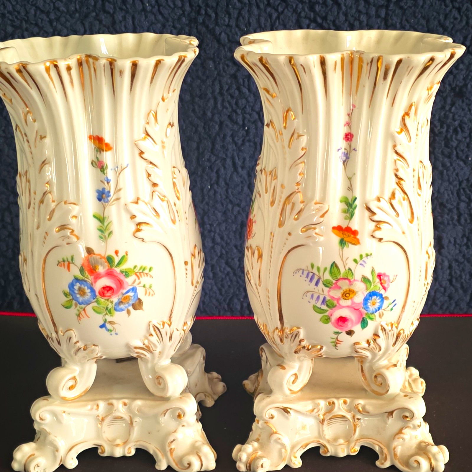 As Is Vtg Old Paris Porcelain Vases Pair 19th C Rococo Floral Mantle Repaired