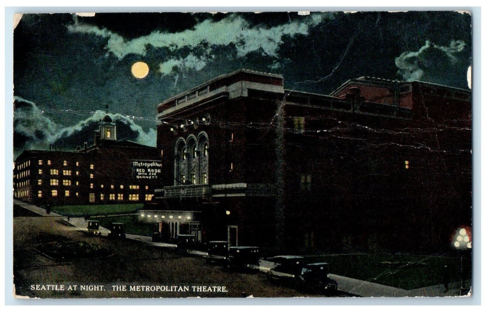 1914 Seattle Night Metropolitan Theatre Exterior Building Washington WA Postcard