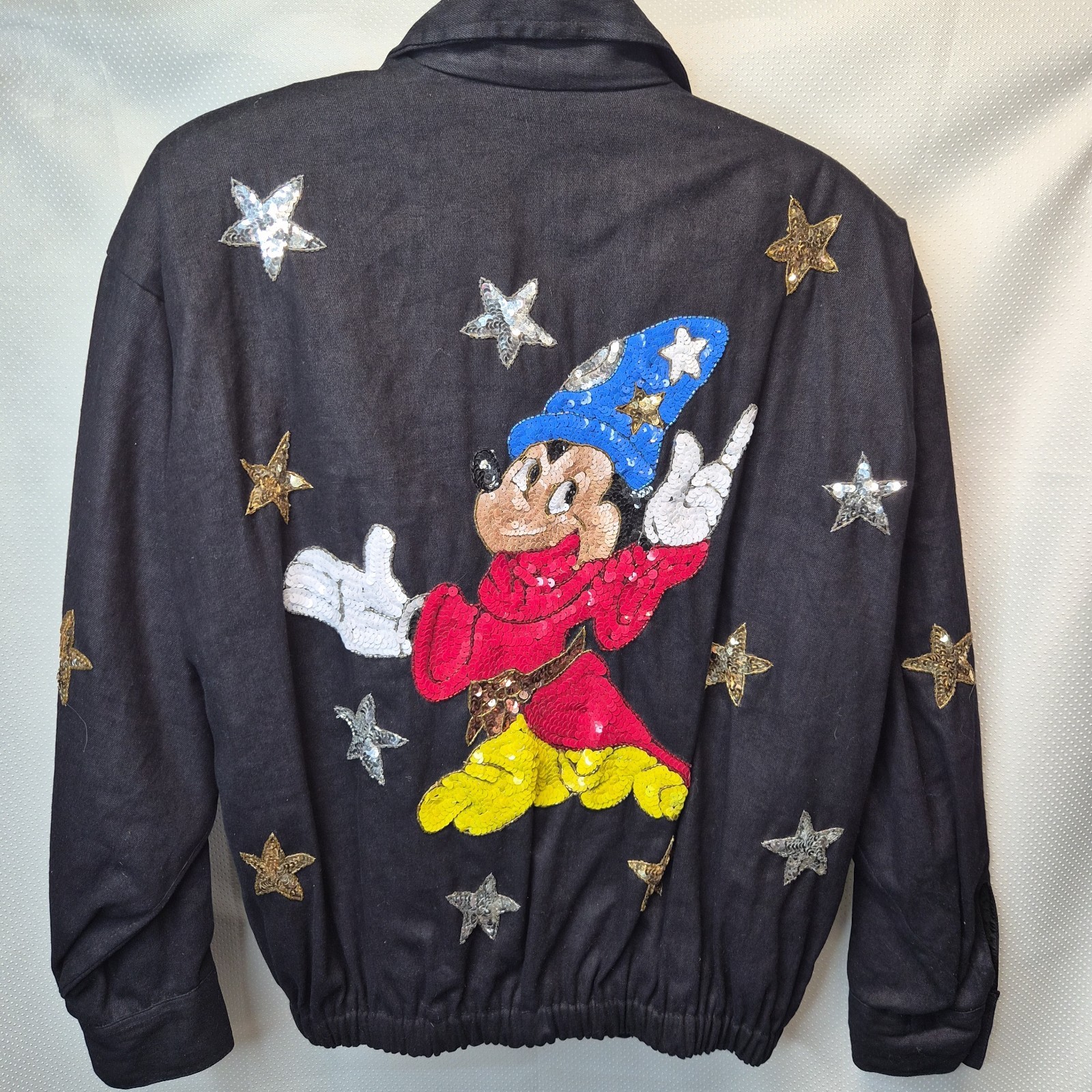 VTG Fantasia Mickey Mouse Disney World Castle Modi Denim Sequin Bomber Jacket M VTG Fantasia Mickey Mouse Disney World Castle Modi Denim Sequin Bomber Jacket M