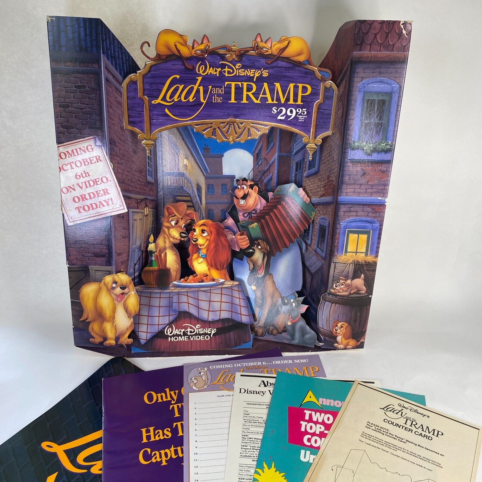 Disney's Lady And The Tramp Video Store Display VHS ALL ORIGINAL PAPERS + POSTER