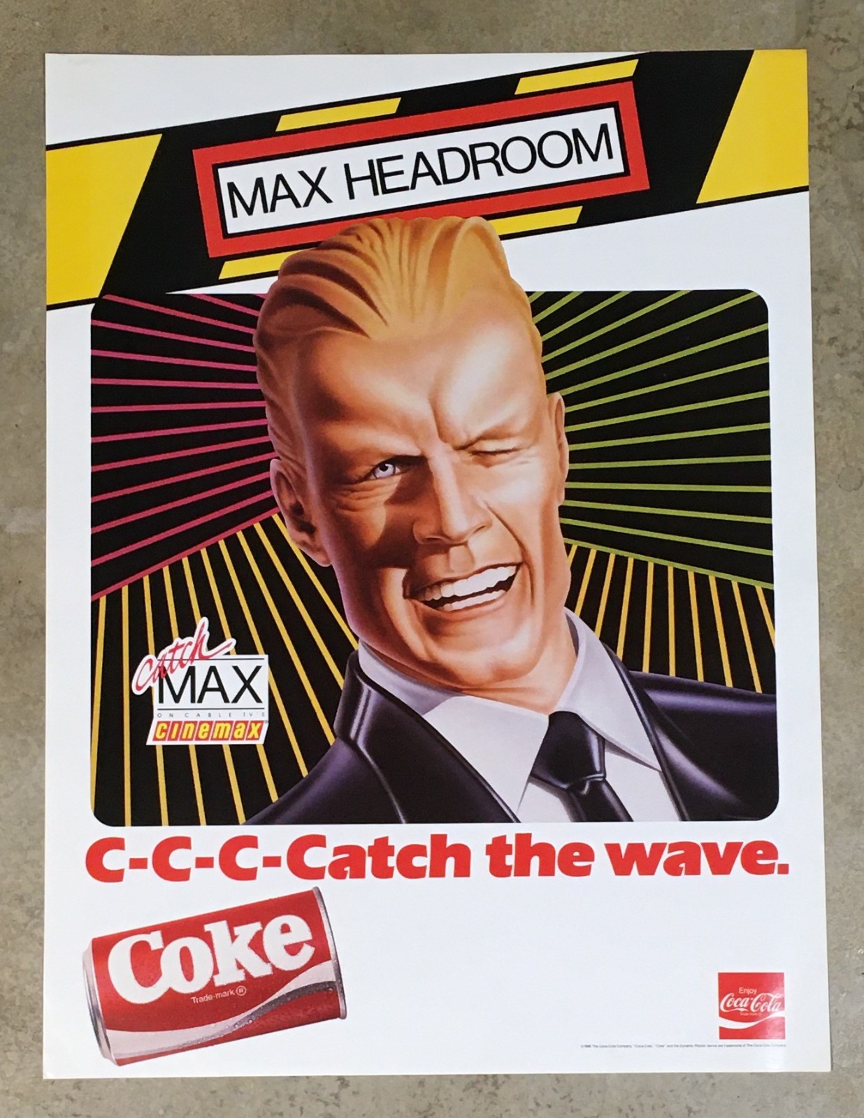 ORIGINAL 1986 '86 MAX HEADROOM ~ C-C-C-CATCH THE WAVE. POSTER 24H x 18W ORIGINAL 1986 '86 MAX HEADROOM ~ C-C-C-CATCH THE WAVE. POSTER 24H x 18W