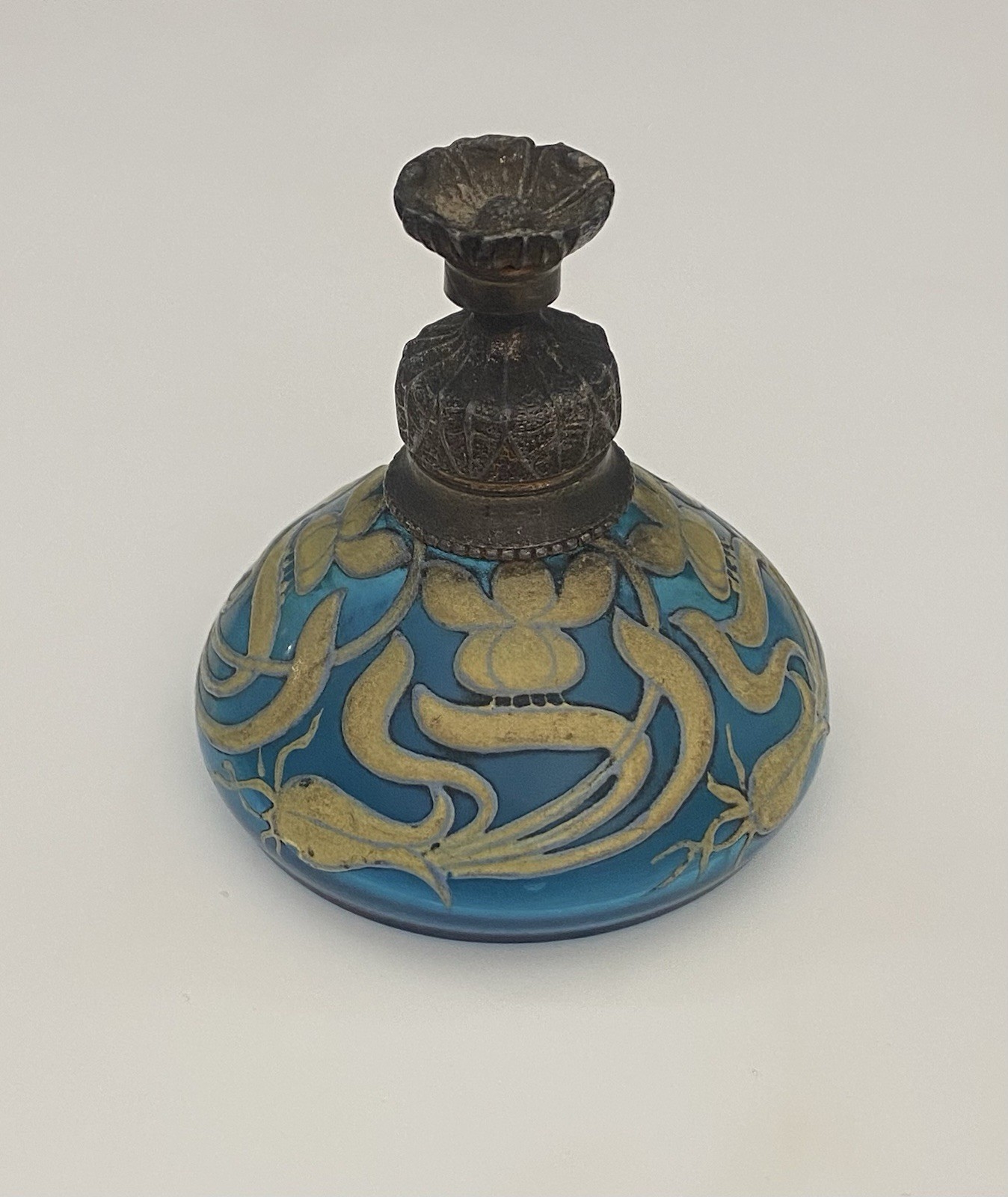 Antique Victorian Decorated Onion Design Blue Glass Ornate Perfume Bottle