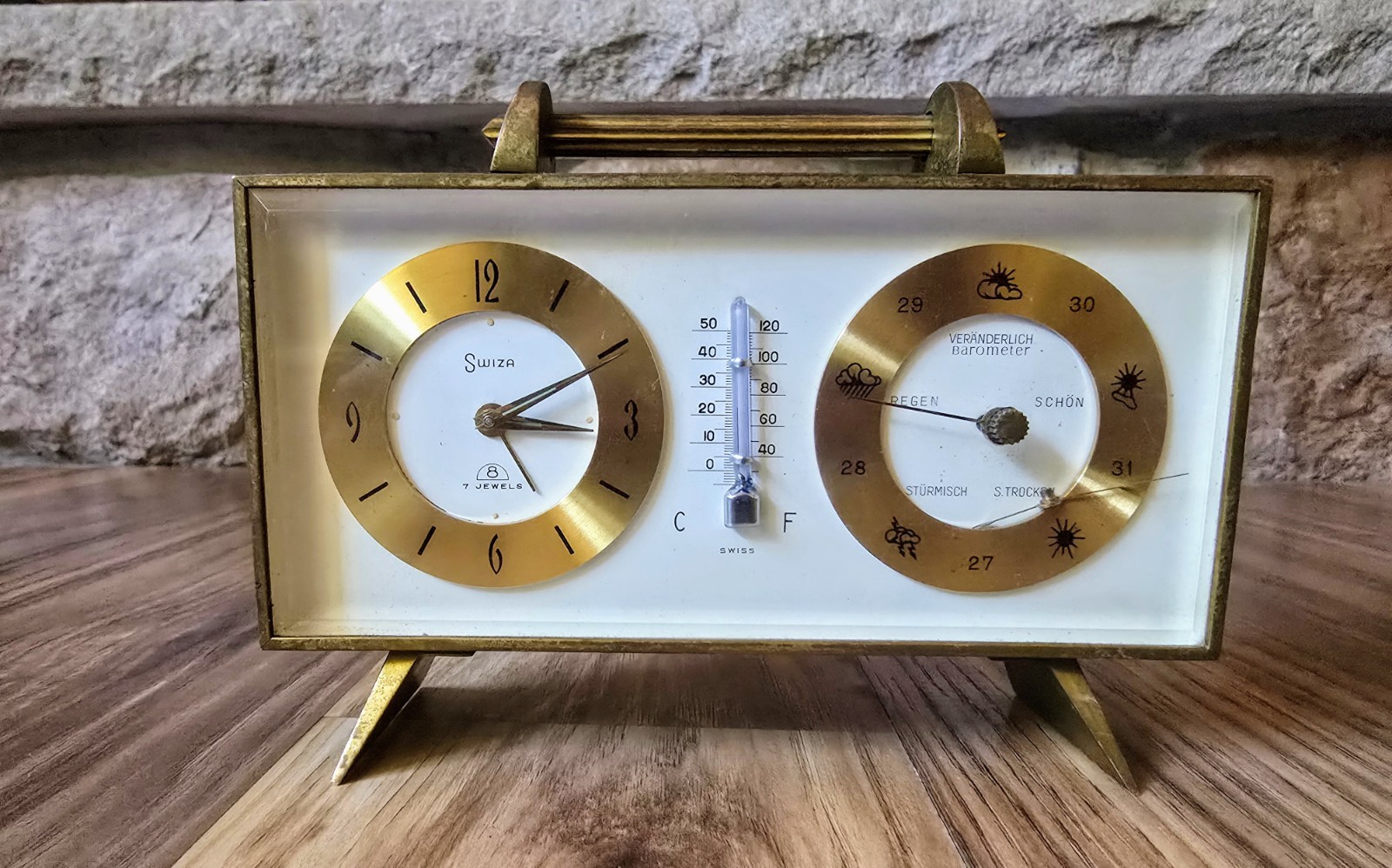Swiza 8 day, 7 jewels alarm clock with thermometer and barometer Needs Repair 