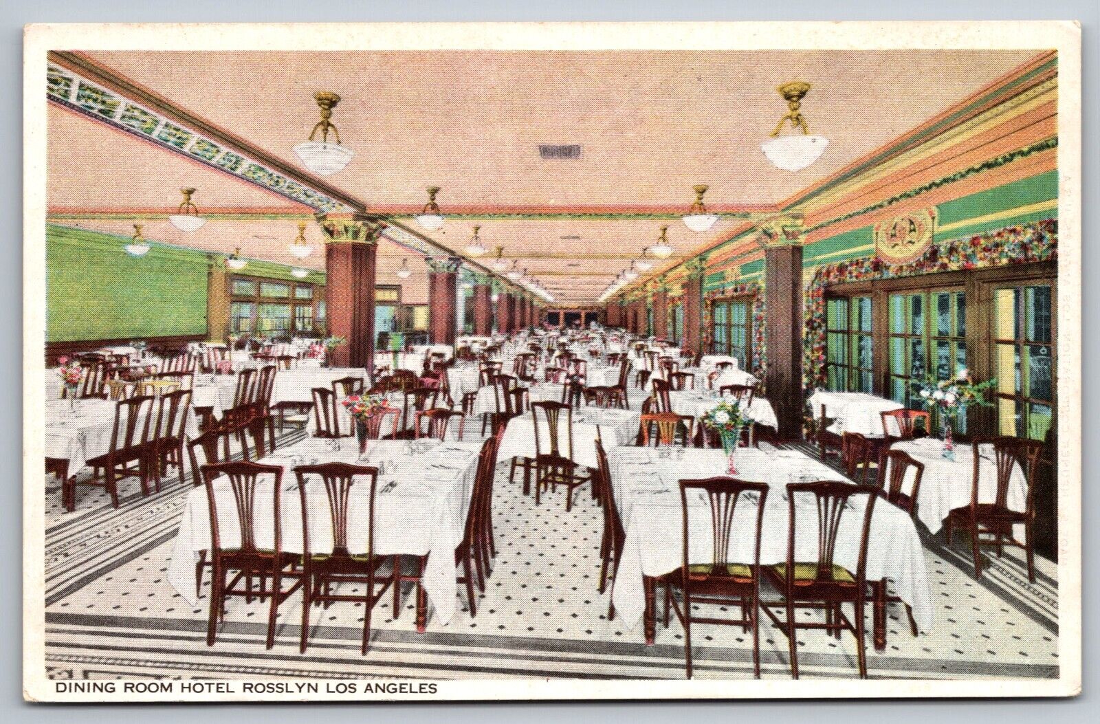 Dining Room at Hotel Rosslyn Los Angeles CA Postcard c1920 Tile Floor Art Deco