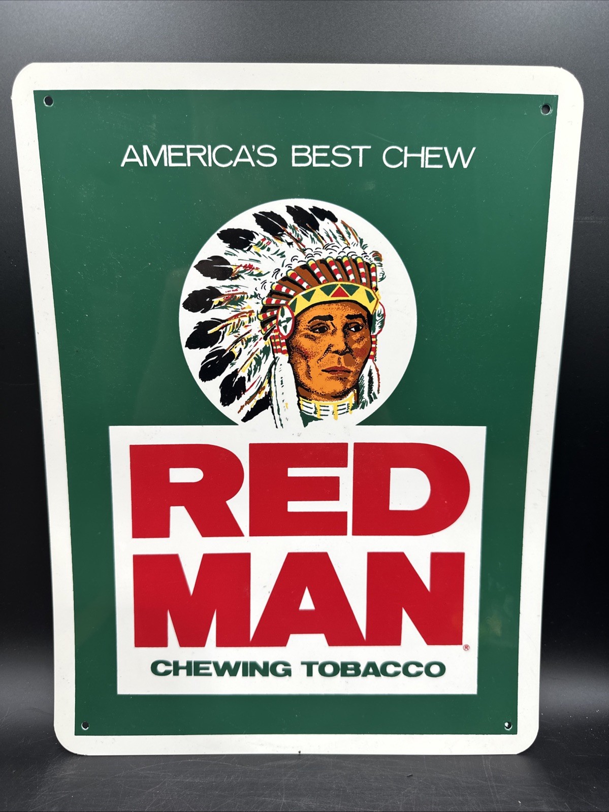VTG ORIGINAL RED MAN CHEWING TOBACCO VINYL PLASTIC ADVERTISING SIGN 16 X 12 VTG ORIGINAL RED MAN CHEWING TOBACCO VINYL PLASTIC ADVERTISING SIGN 16 X 12