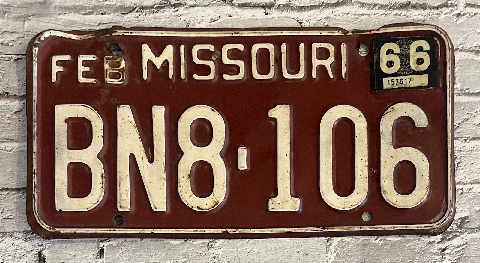 1962 Missouri Automobile License Plate w/ 1966 Tag BN8-106