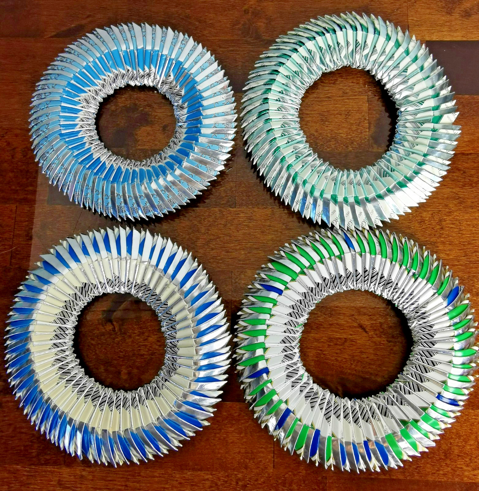 Lot of 4 Vintage Cigarette Pack Wreaths Folded Origami Candle Ring Tramp Art Lot of 4 Vintage Cigarette Pack Wreaths Folded Origami Candle Ring Tramp Art