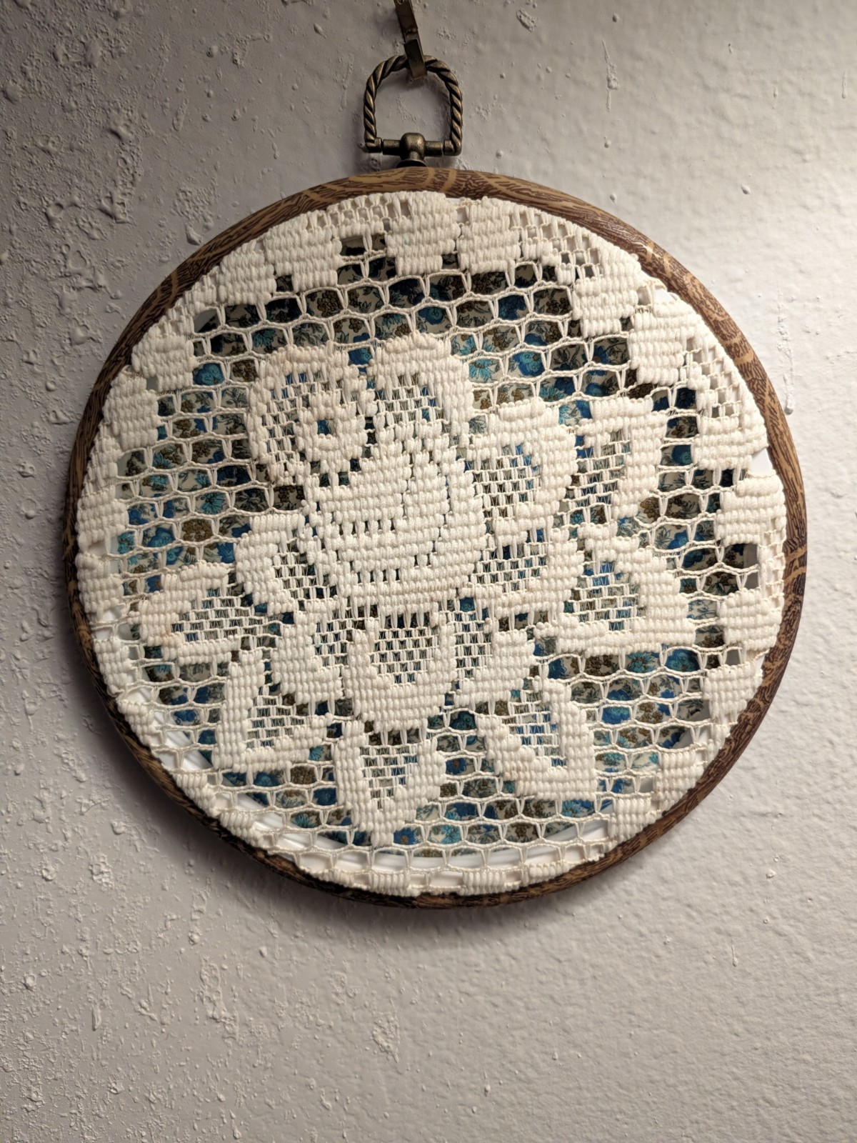 Vintage Framed Doily Hoop Art Vintage Fabric Backing Filet Lace Cottagecore Vintage Framed Doily Hoop Art Vintage Fabric Backing Filet Lace Cottagecore