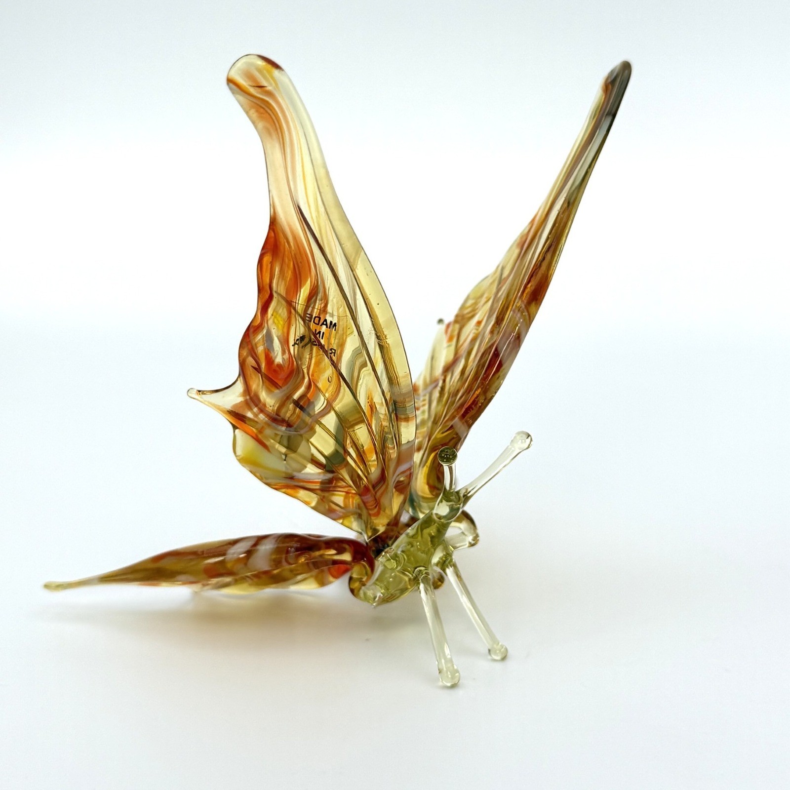 Vintage Russian Art Glass Butterfly Figurine Amber Orange Swirl Hand Blown 4\