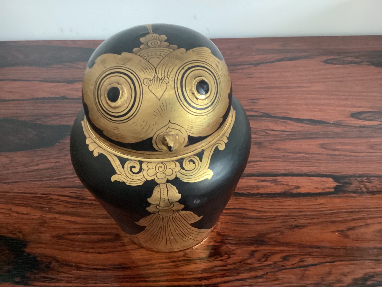 Antique Burmese Lacquer Wood Owl with Gilt Antique Burmese Lacquer Wood Owl with Gilt