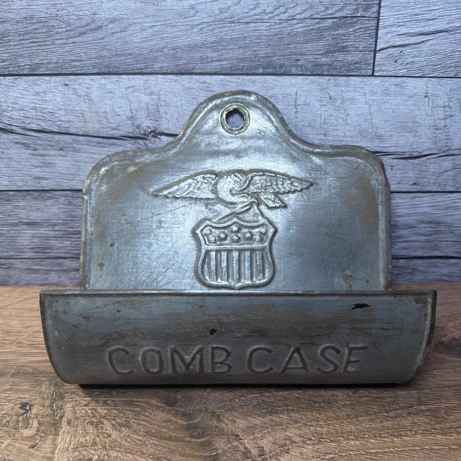 Antique Pressed Tin Comb Case Wall Pocket Holder American Eagle Shield VTG Antique Pressed Tin Comb Case Wall Pocket Holder American Eagle Shield VTG