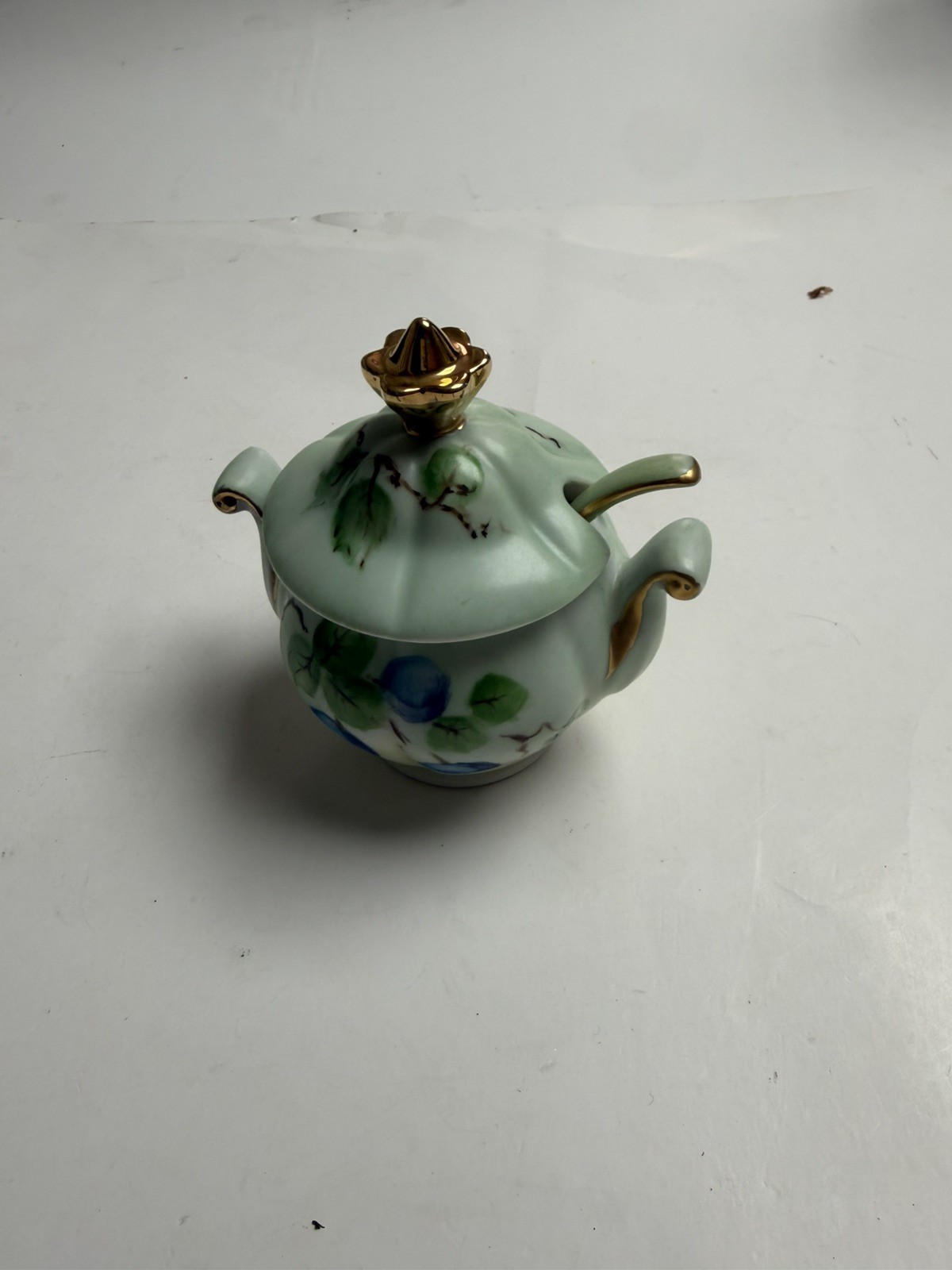 Vintage Hand Painted Porcelain Jam Jelly Jar Lid Spoon Fruit Gold Trim Signed Vintage Hand Painted Porcelain Jam Jelly Jar Lid Spoon Fruit Gold Trim Signed