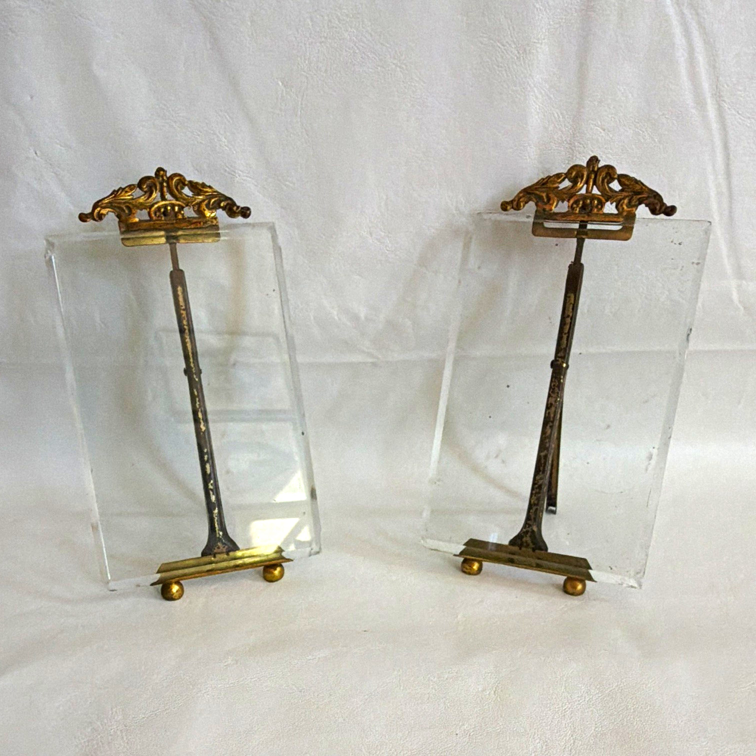 Set of 2 Ornate Antique Bronze & Glass Easel Photo Frames 3.5x5 Ormolu 1900s