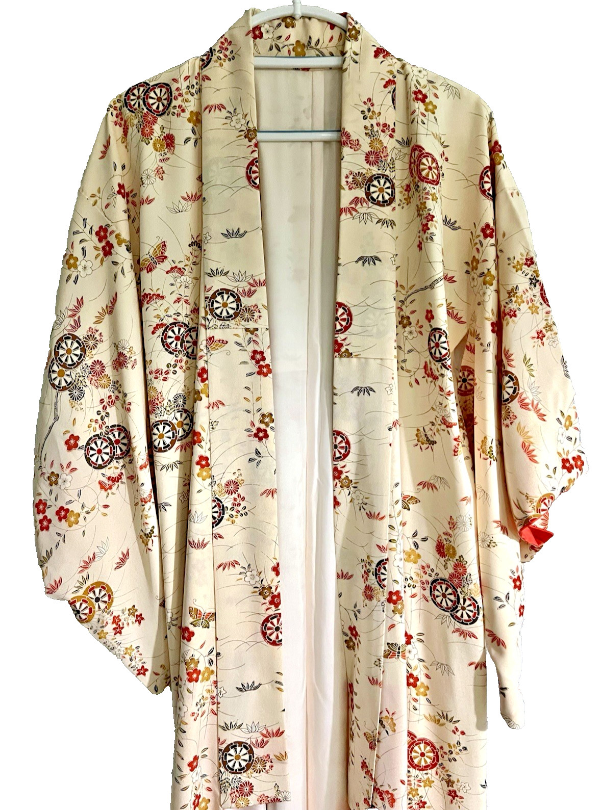Vintage 1980s Japanese Ivory Silk Kimono Robe Wheel Floral Orange Lined Dress