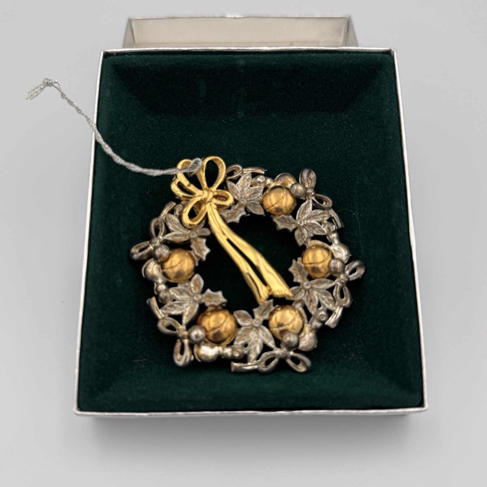 Vintage Lunt Silversmiths Christmas Wreath Ornament Bells Holly 2.75” Vintage Lunt Silversmiths Christmas Wreath Ornament Bells Holly 2.75”