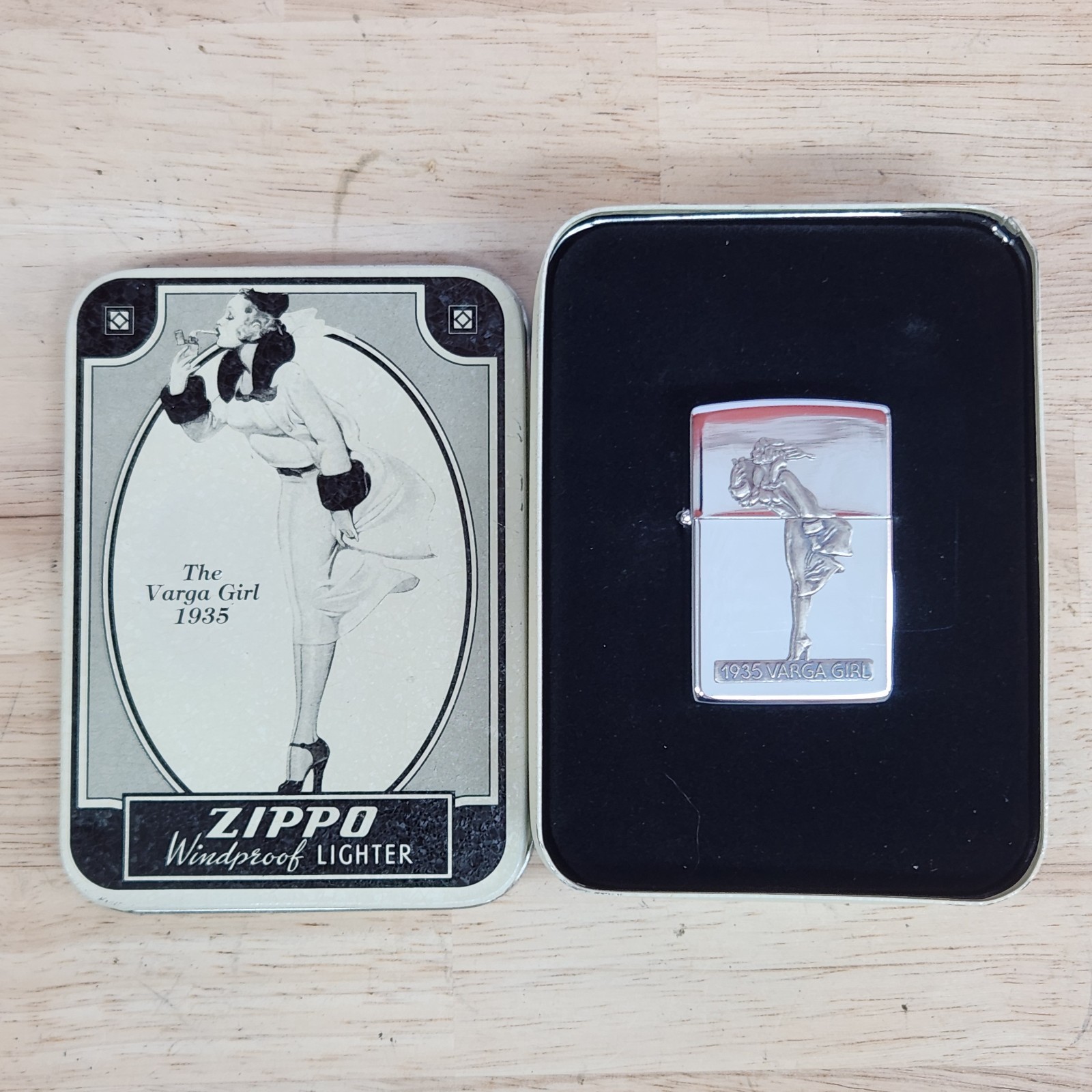 1993 Vintage Zippo Lighter 1935 Varga Girl Chrome W/Case Brand New Unused 1993 Vintage Zippo Lighter 1935 Varga Girl Chrome W/Case Brand New Unused
