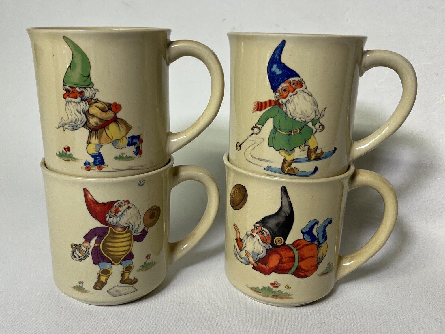 Lot of 4 Vintage Gnome Sports Coffee Mugs Cups Baseball Football Skiing Skating