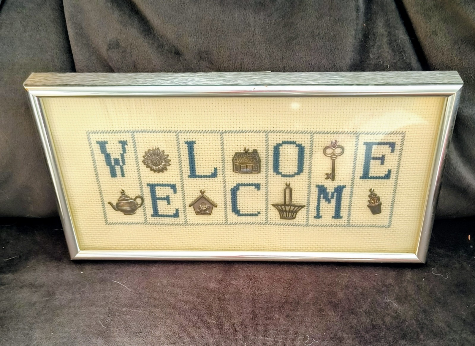 Completed Cross Stitch Plaque Stand Sign Metal Charms Teapot basket Vtg. Completed Cross Stitch Plaque Stand Sign Metal Charms Teapot basket Vtg.
