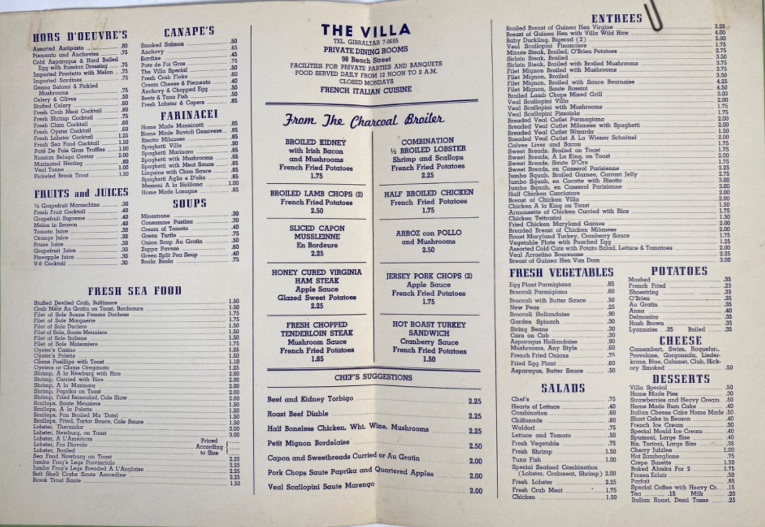 1950s The Villa Vtg Italian Restaurant Dinner Menu Staten Island New York City 1950s The Villa Vtg Italian Restaurant Dinner Menu Staten Island New York City