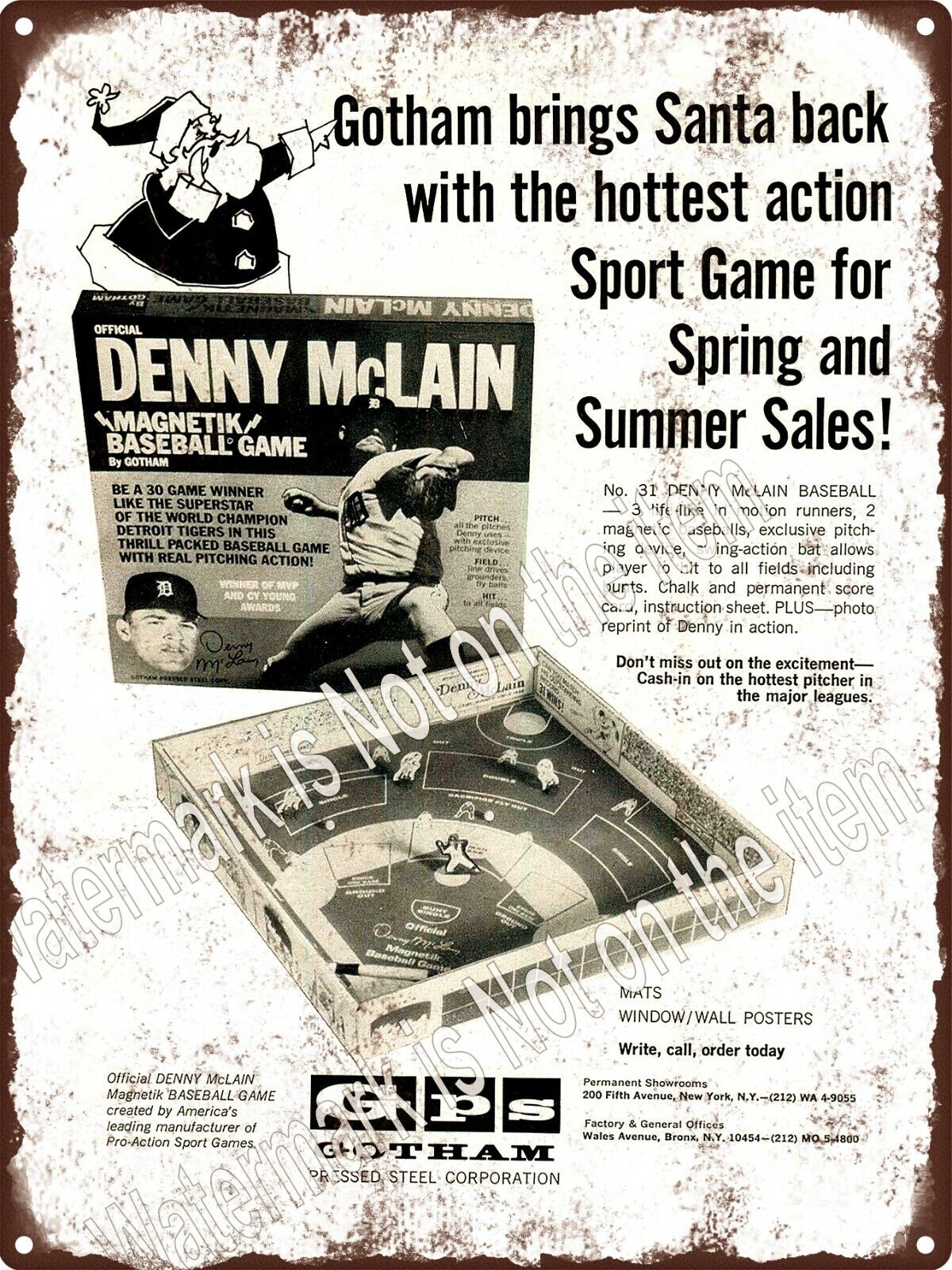 1969  Gotham Denny McLain Magnetik Baseball 30 Game Winner Metal Sign 9x12 A577