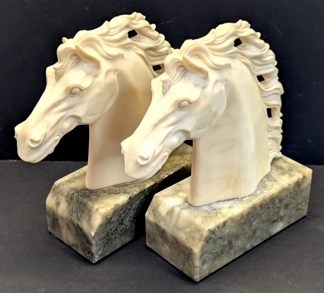 Vintage Italian HorseHead Bookends Hand Carved Alabaster & Marble base EBS Italy Vintage Italian HorseHead Bookends Hand Carved Alabaster & Marble base EBS Italy