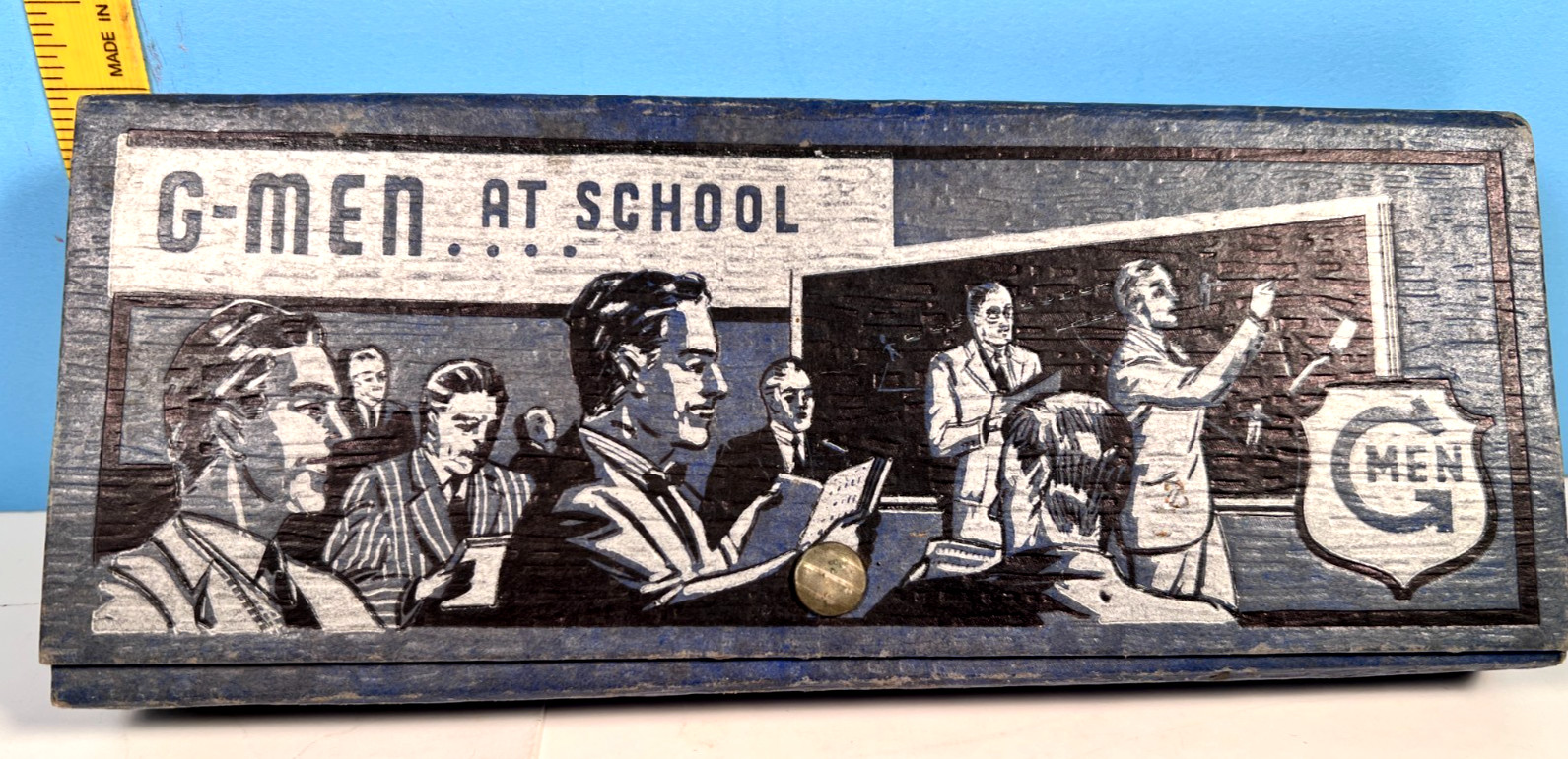 1930's G-Men at School Childs Pencil Case w/Contents School Banners Inside Cover