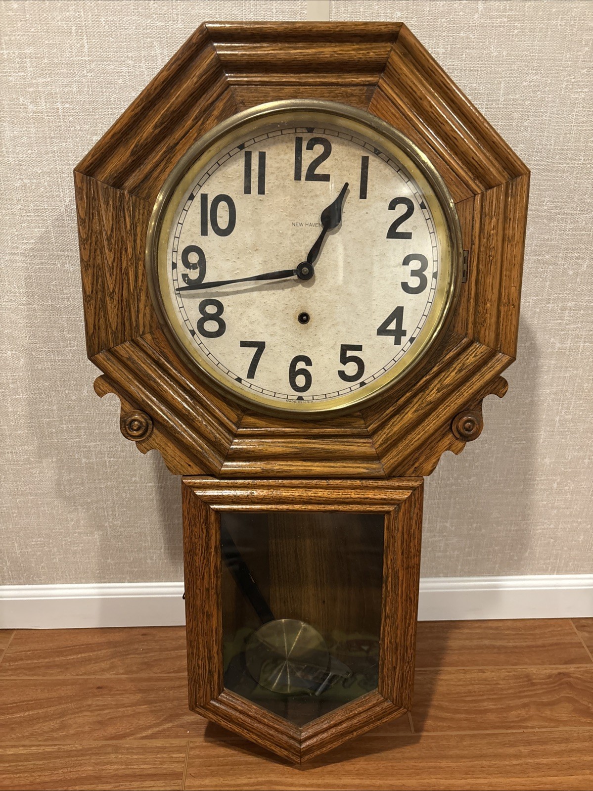 Antique New Haven Clock Co. Erie Regulator Long Drop Wall Clock - Runs Antique New Haven Clock Co. Erie Regulator Long Drop Wall Clock - Runs
