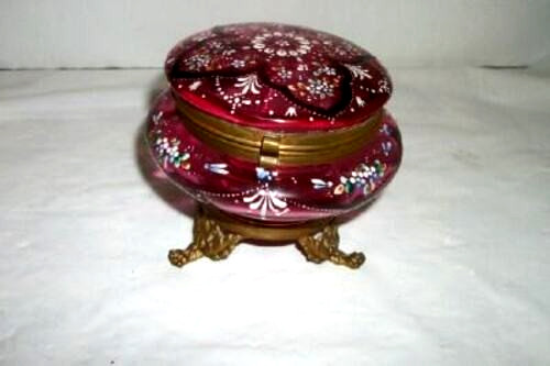 Victorian Moser Bohemian Glass Bronze Casket Antique HP Cranberry Glass 1890s Victorian Moser Bohemian Glass Bronze Casket Antique HP Cranberry Glass 1890s