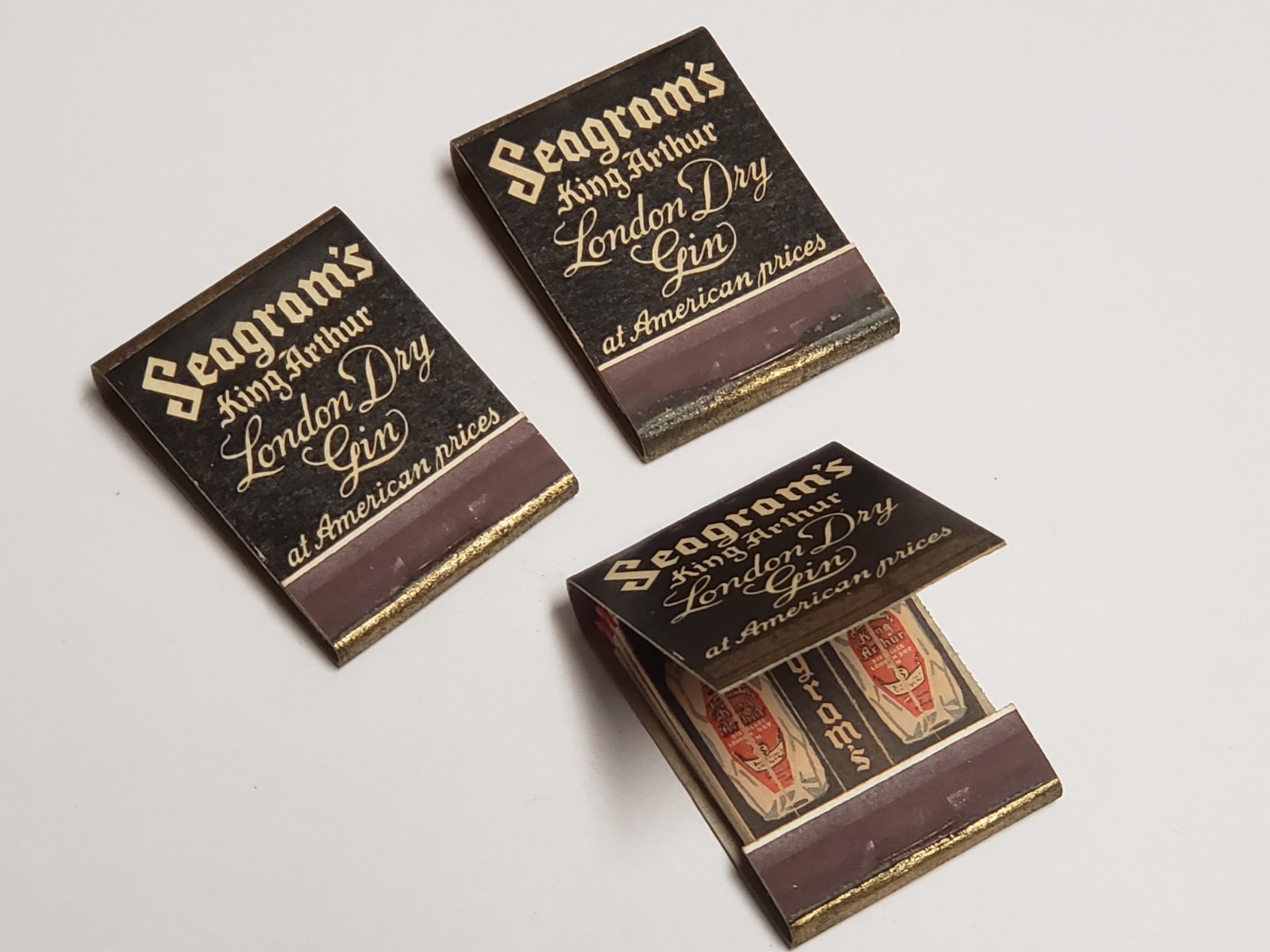 Vtg 3 1940s Feature Matchbooks - SEAGRAM'S King Arthur London Dry Gin NEW