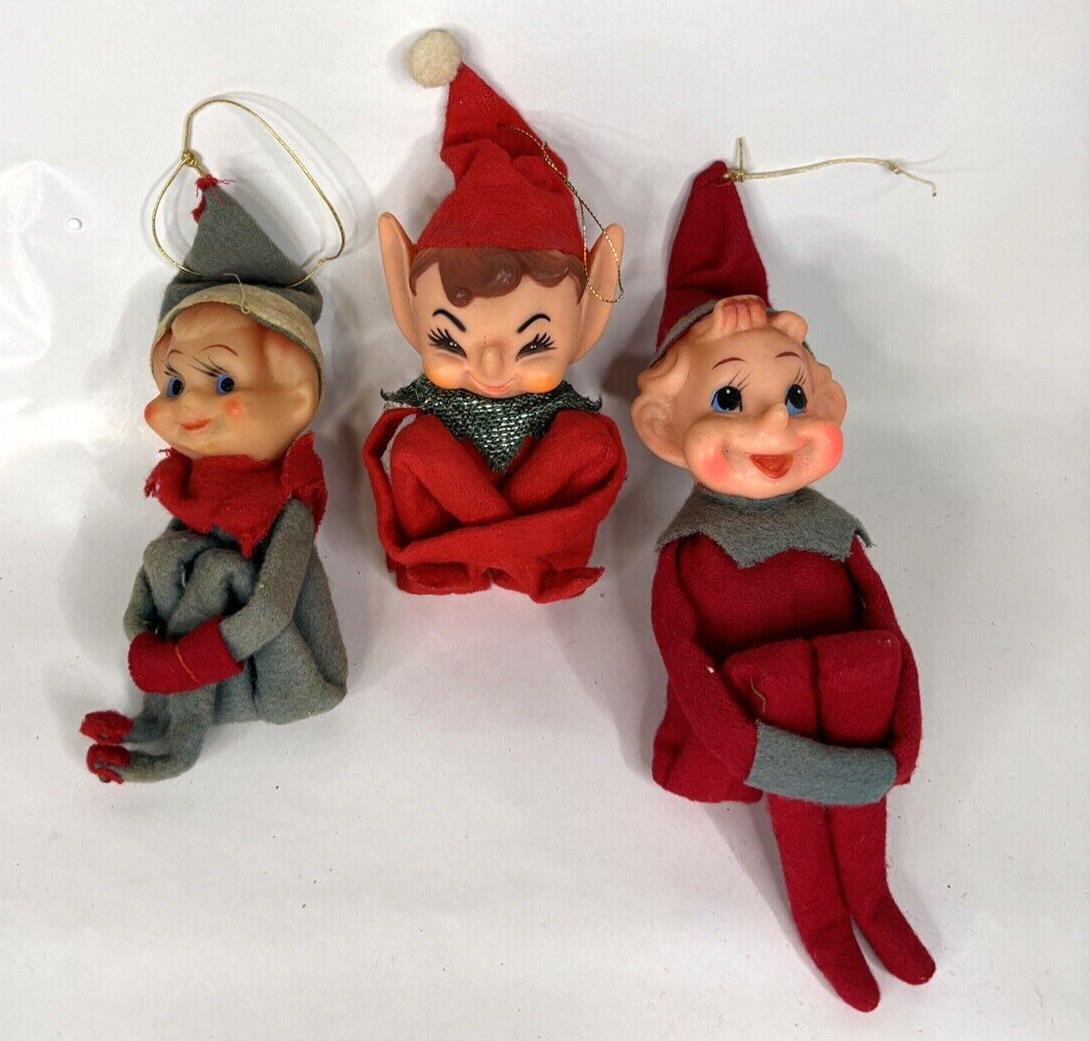 3 Vintage Knee Huggers Christmas Elves Red Green Ears Made in Japan Holiday 3 Vintage Knee Huggers Christmas Elves Red Green Ears Made in Japan Holiday