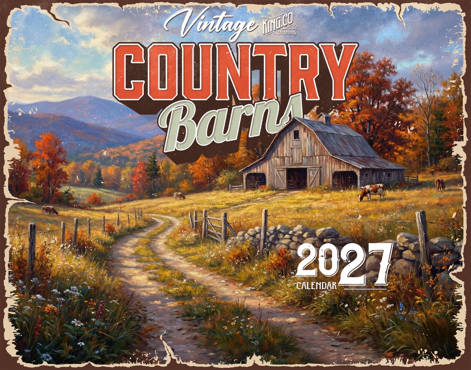 2027 Vintage Country Barns Wall Calendar – 16-Month Farm Art (FREE SHIPPING)