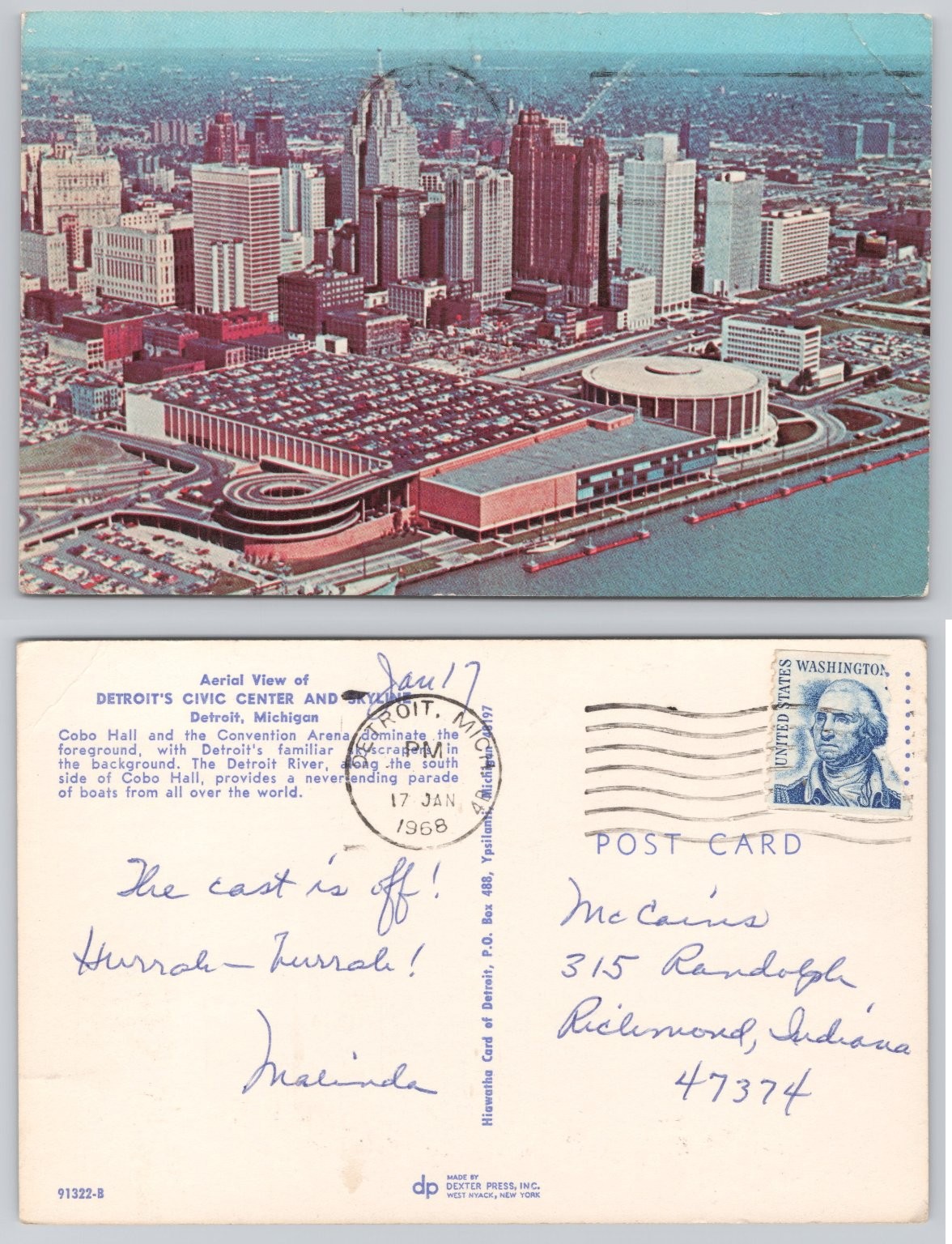 Detroit MI Civic Center Cobo Hall Skyline Detroit River 1968 Postcard