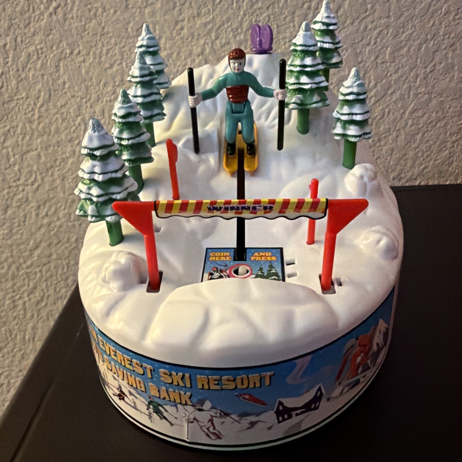 Rare Wind-Up Mountain Skiing Savings Bank Tested & Works W/Box NOS Vintage