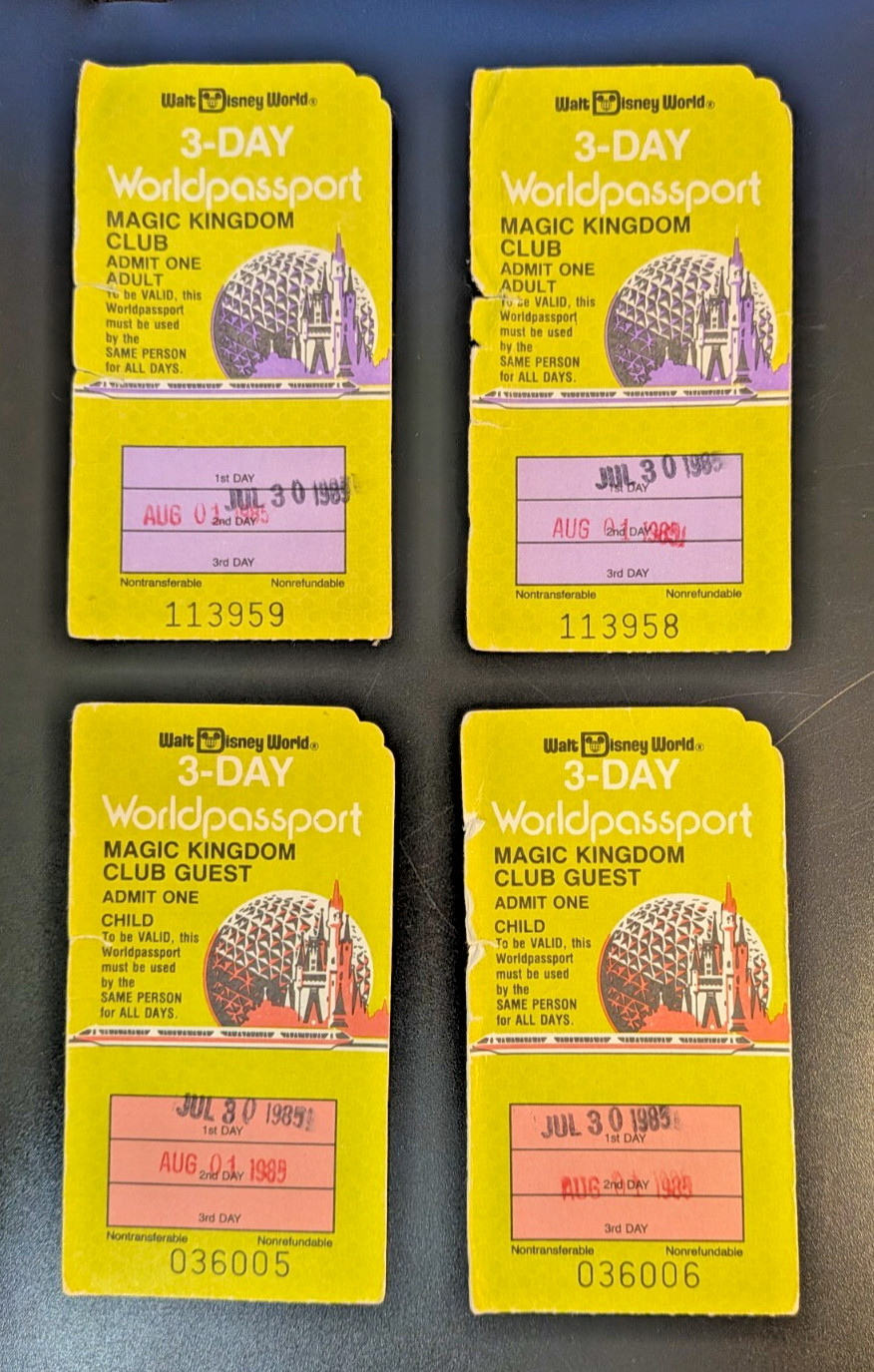 1985 Disney World 3 day Worldpassport Family of 4 - 1 day remaining
