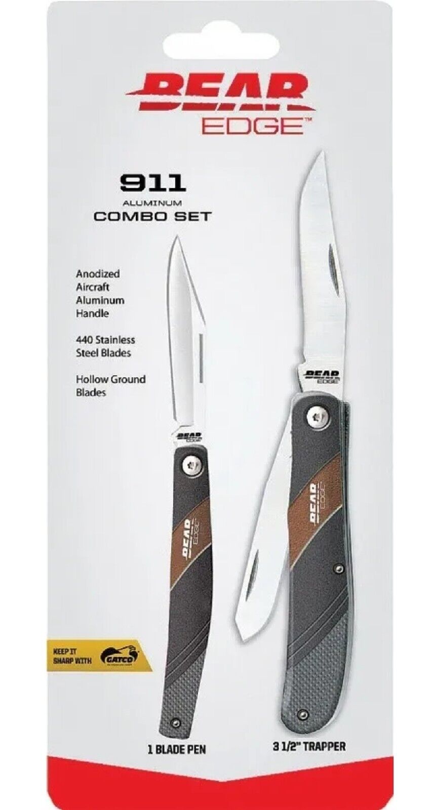 Bear Edge 911 2pc Black/Red Aluminum Folding 440 Stainless Knife Combo Set 