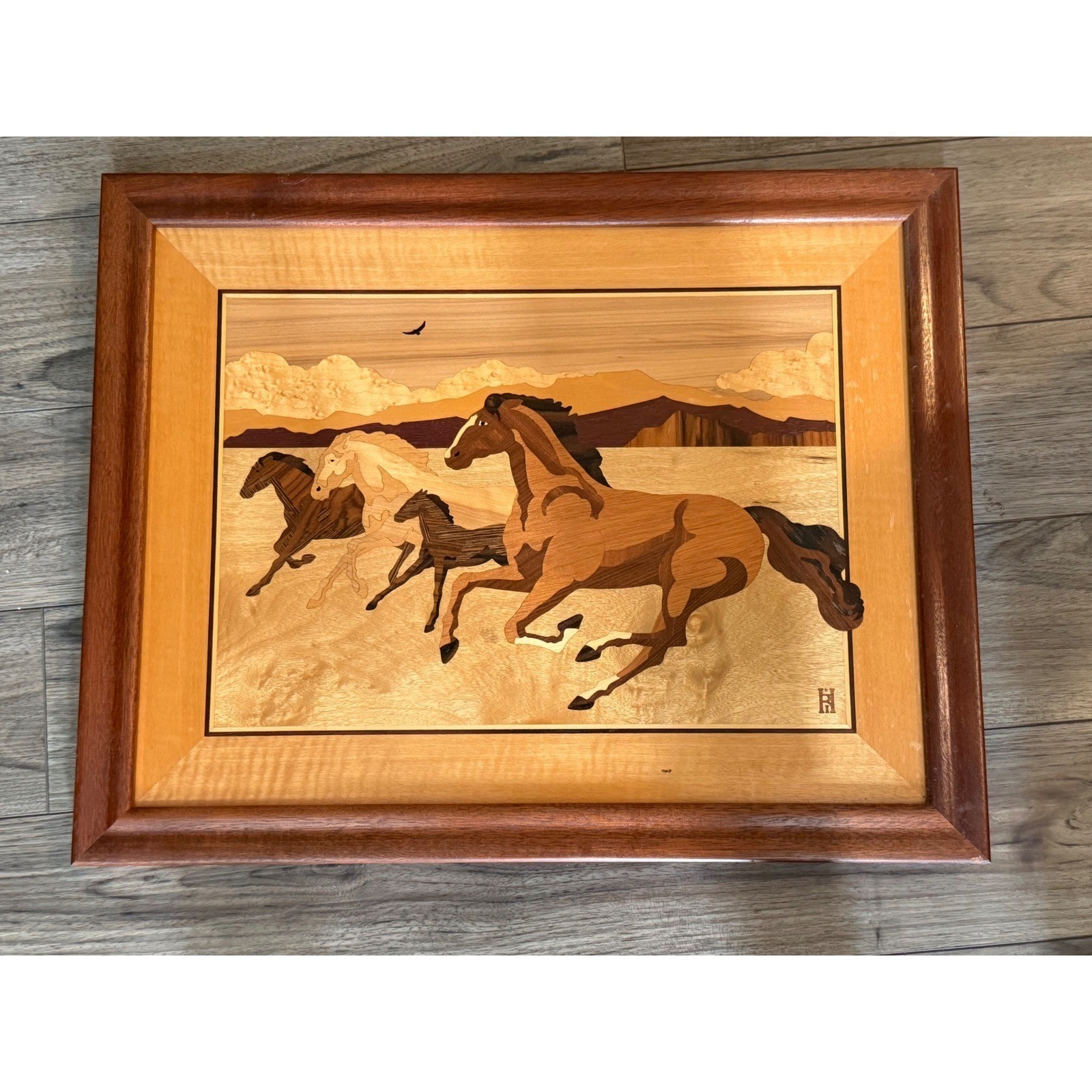 Vintage Hudson River Inlay Mustangs Wood Marquetry Art 24x19 Signed Jeff Nelson Vintage Hudson River Inlay Mustangs Wood Marquetry Art 24x19 Signed Jeff Nelson