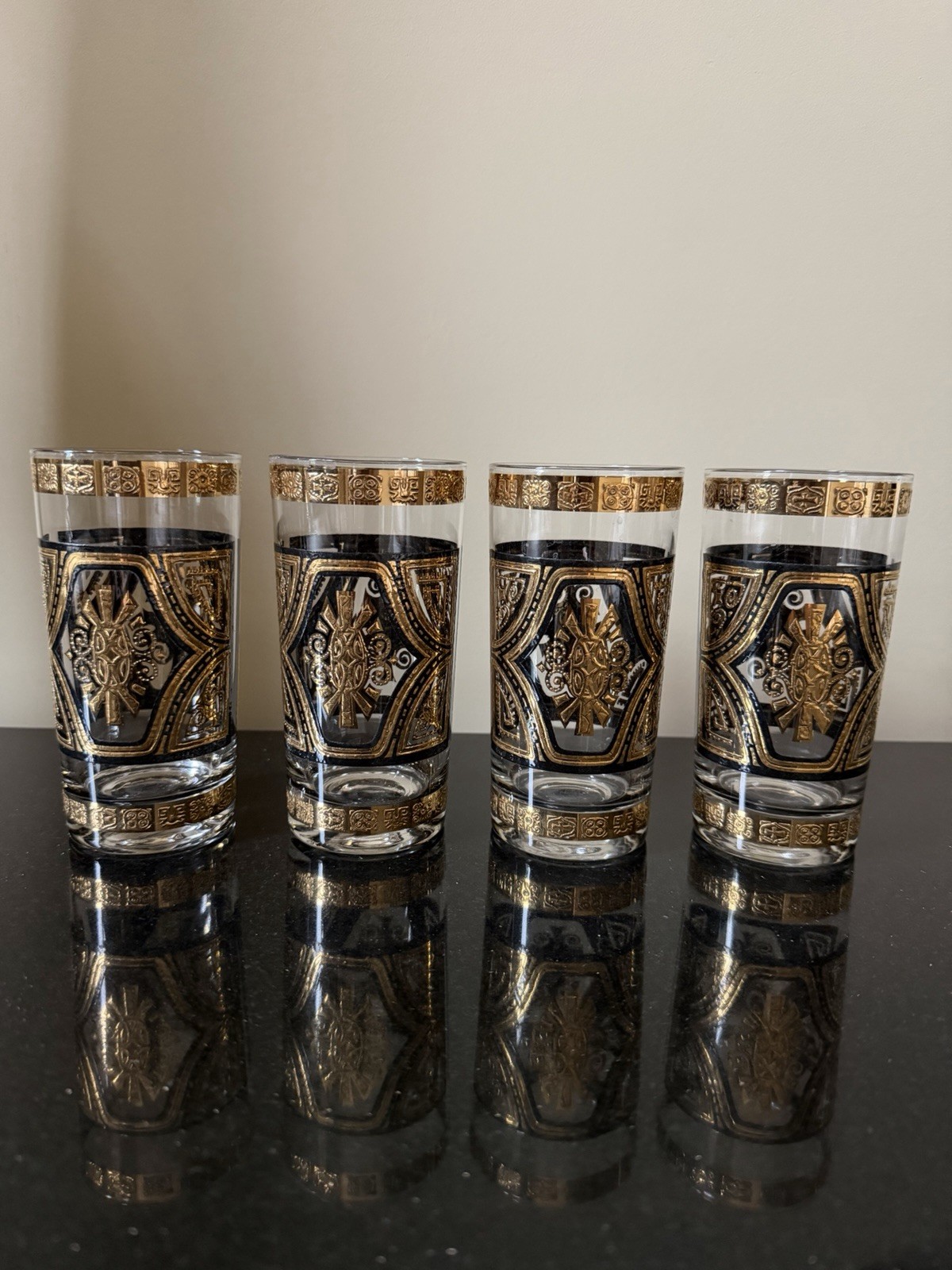 Vintage Set of 4 Culver Black Gold Highball Glasses Tumbler MCM RARE