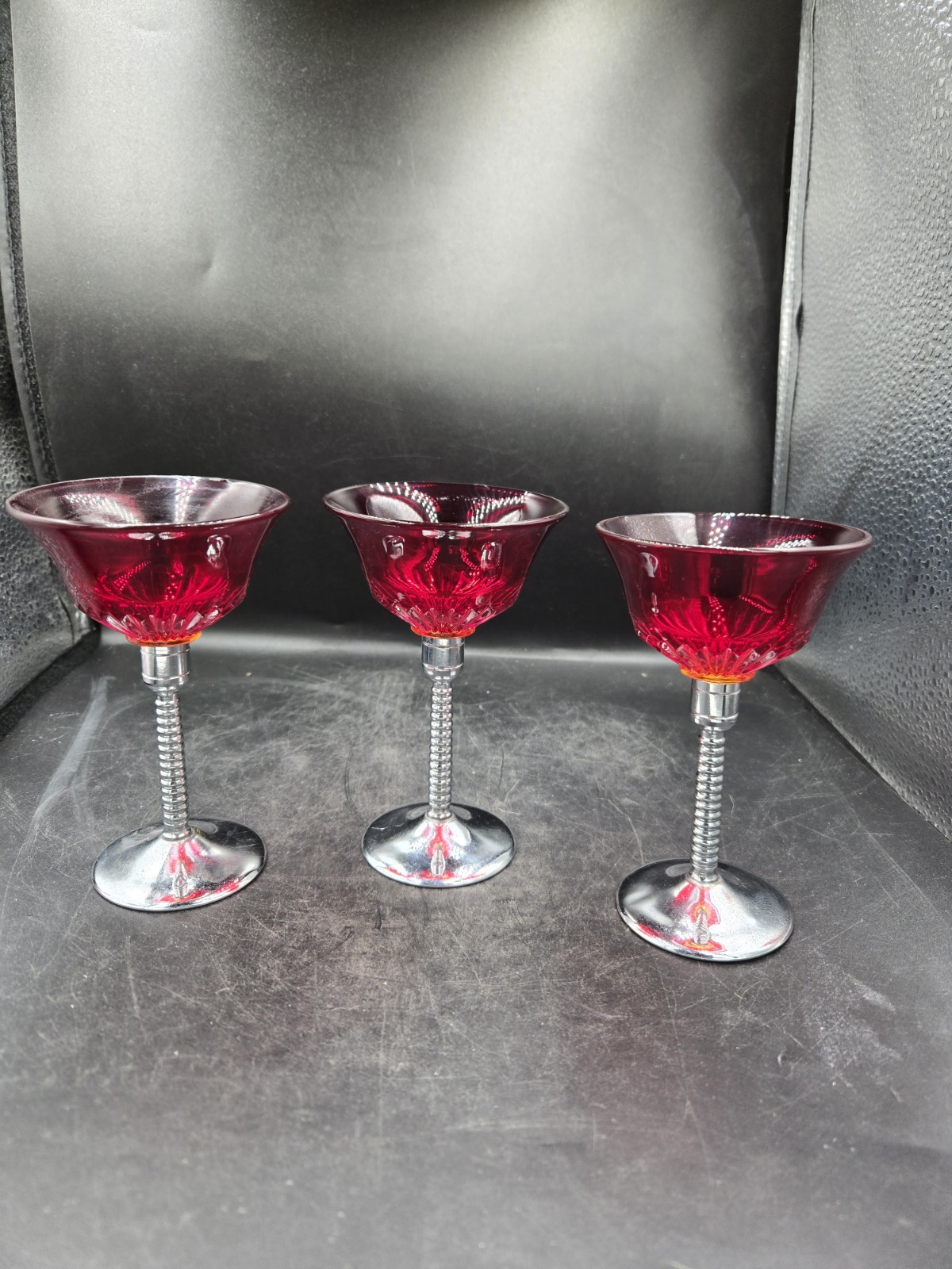 Vtg 1930's Paden City Ruby Red Glades Pattern Stemware With Chrome Plated Stems Vtg 1930's Paden City Ruby Red Glades Pattern Stemware With Chrome Plated Stems