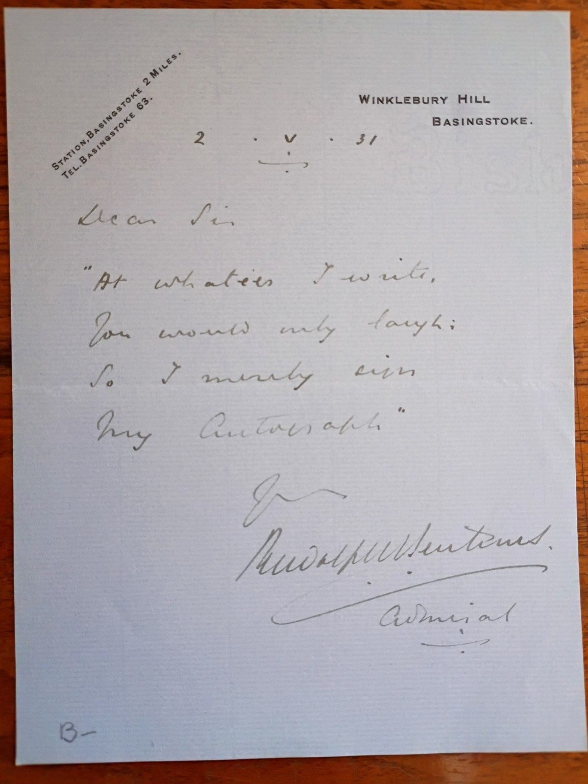 Admiral Sir Rudolf Miles Burmester (1875–1956) Signed Letter Admiral Sir Rudolf Miles Burmester (1875–1956) Signed Letter