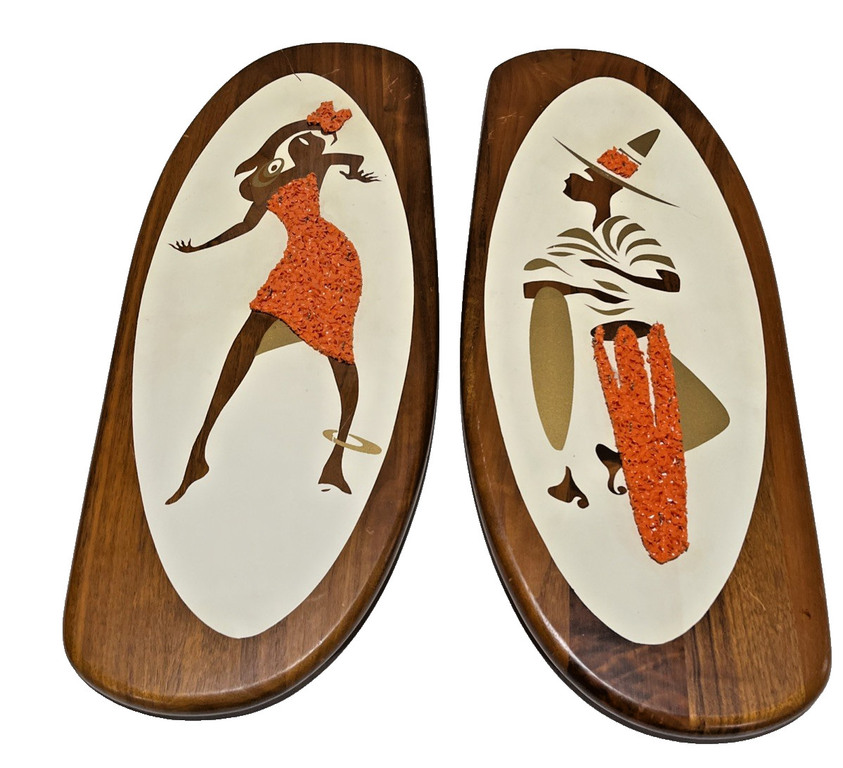 Vintage MCM Belart Calypso Dancers Wood Wall Plaques Pair 1960s Popcorn Gravel